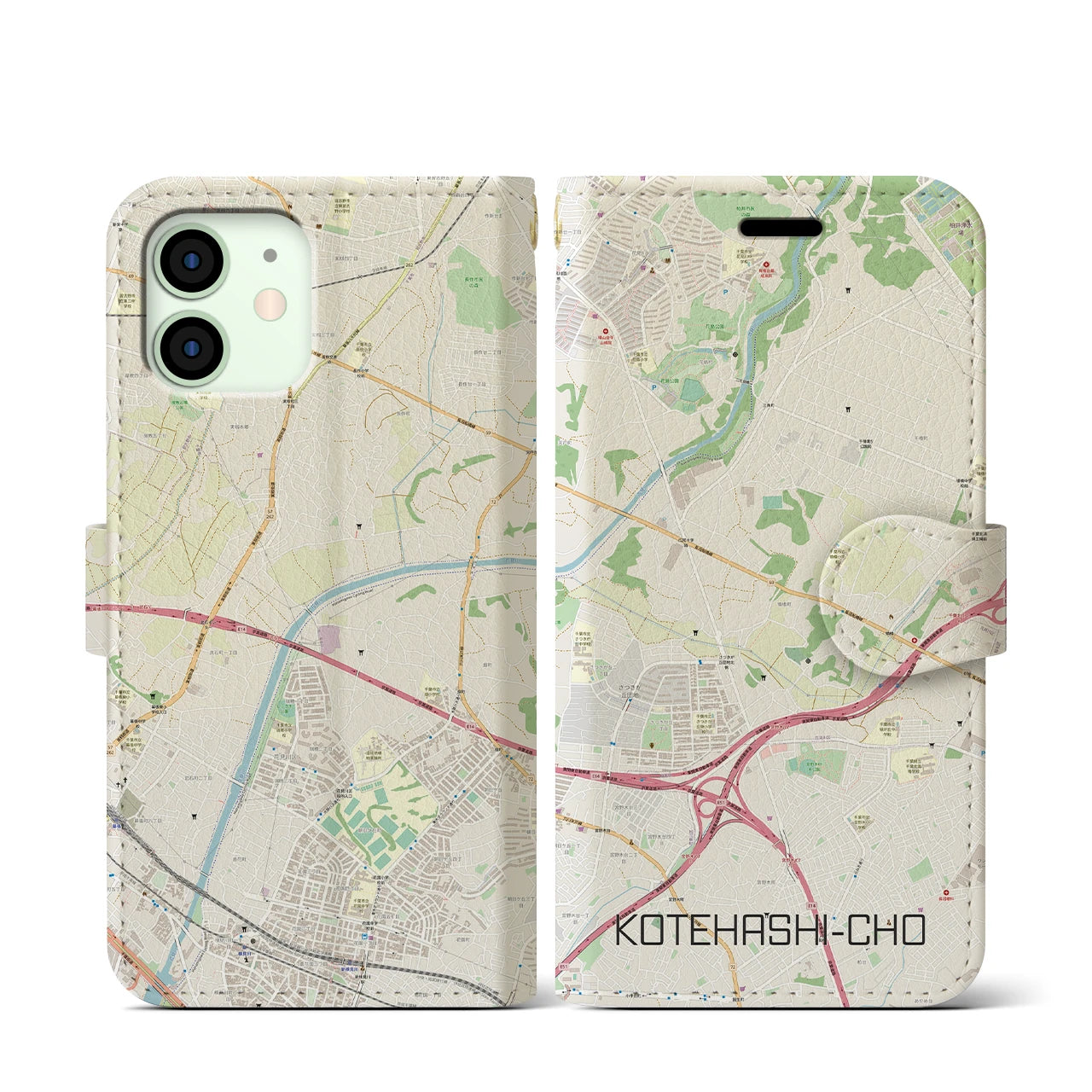 【犢橋町(千葉県)】地図柄iPhoneケース(手帳タイプ)ナチュラル・iPhone 12 mini 用