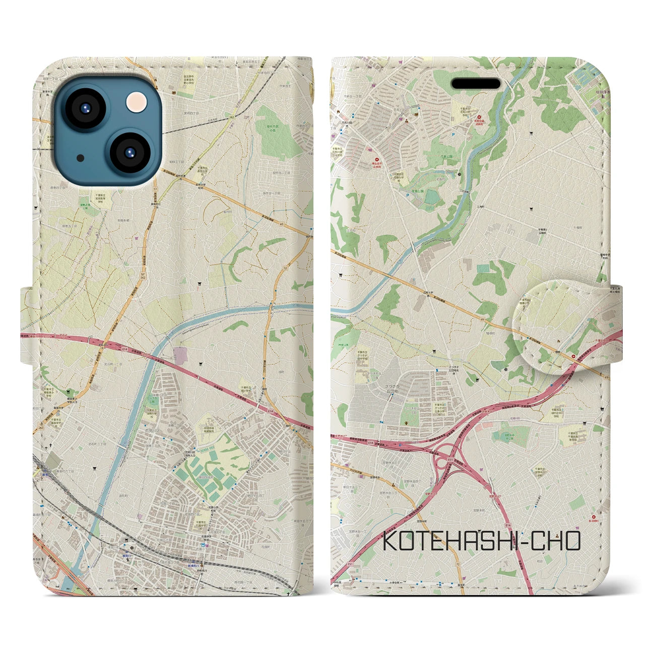 【犢橋町(千葉県)】地図柄iPhoneケース(手帳タイプ)ナチュラル・iPhone 13 用