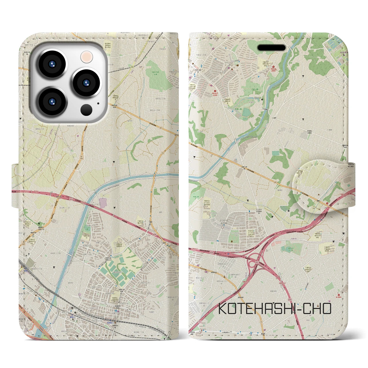 【犢橋町(千葉県)】地図柄iPhoneケース(手帳タイプ)ナチュラル・iPhone 13 Pro 用