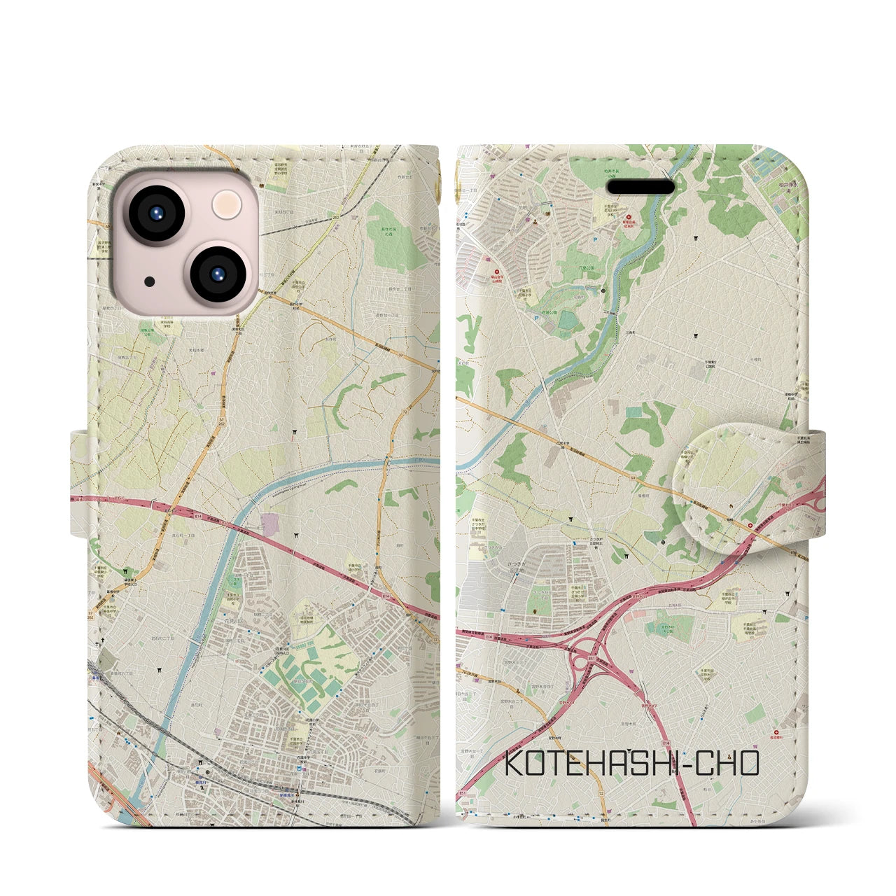 【犢橋町(千葉県)】地図柄iPhoneケース(手帳タイプ)ナチュラル・iPhone 13 mini 用