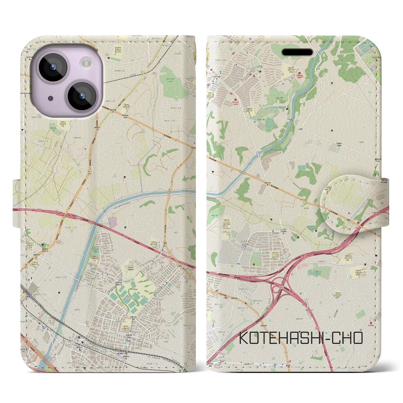 【犢橋町(千葉県)】地図柄iPhoneケース(手帳タイプ)ナチュラル・iPhone 14 用