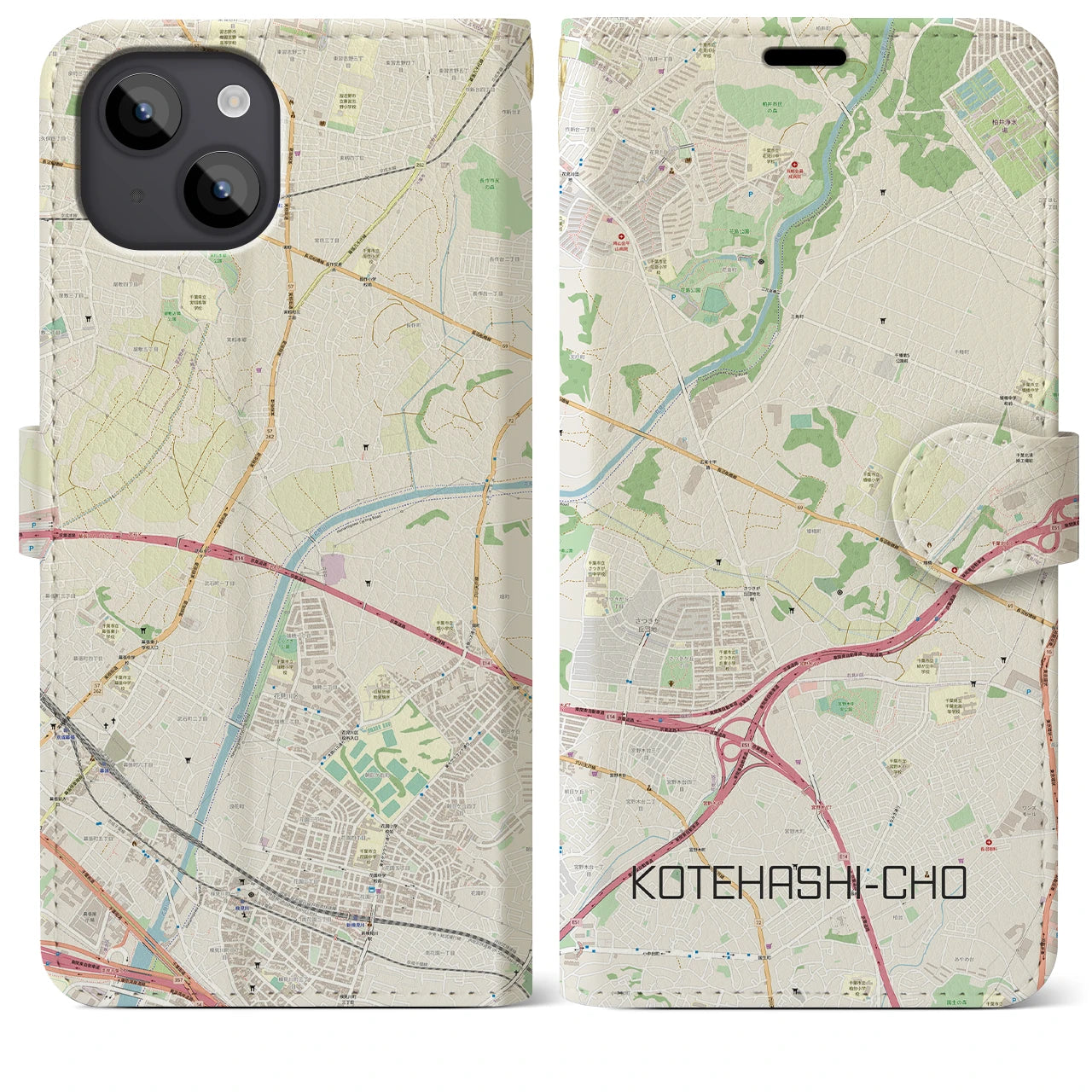 【犢橋町(千葉県)】地図柄iPhoneケース(手帳タイプ)ナチュラル・iPhone 14 Plus 用