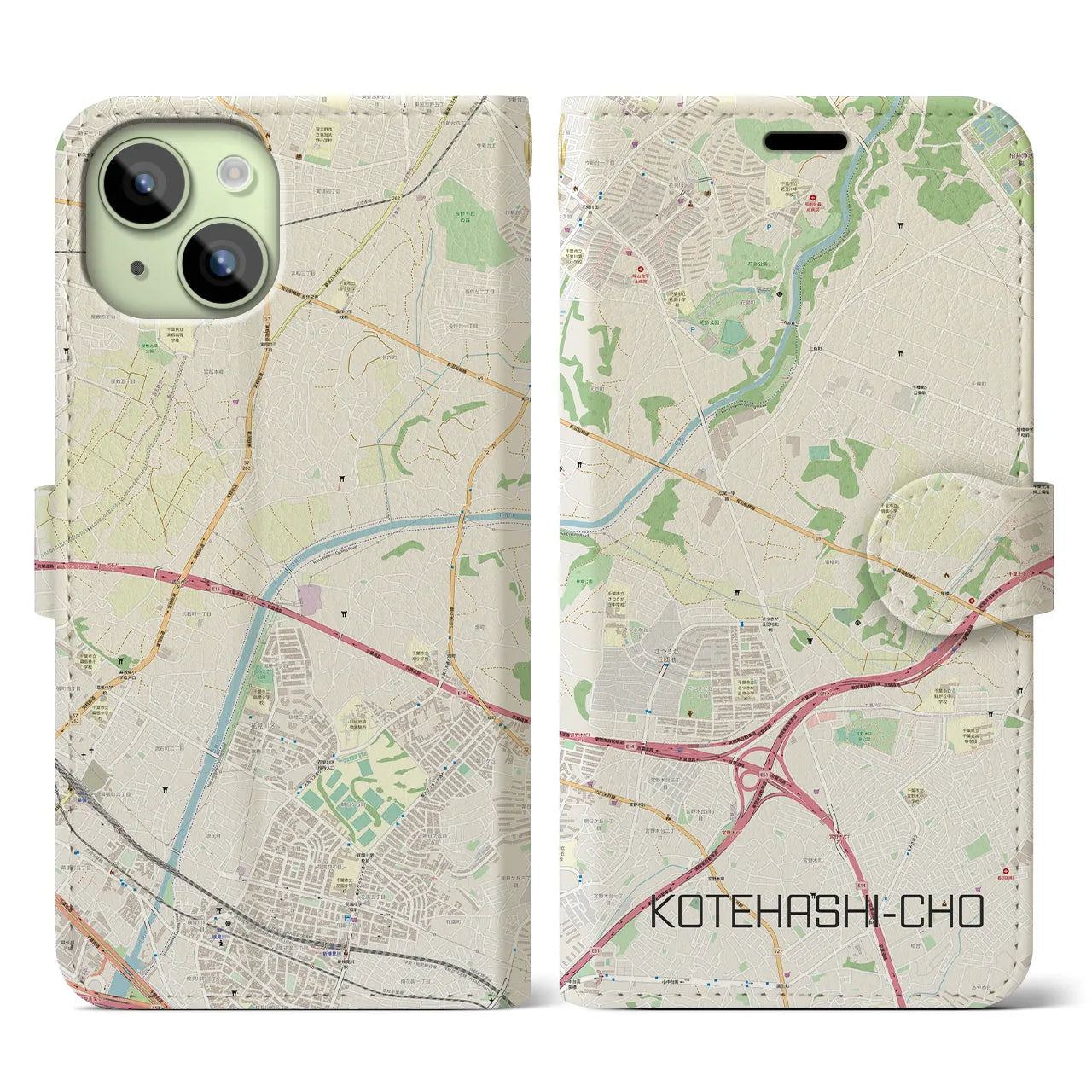 【犢橋町(千葉県)】地図柄iPhoneケース(手帳タイプ)ナチュラル・iPhone 15 用