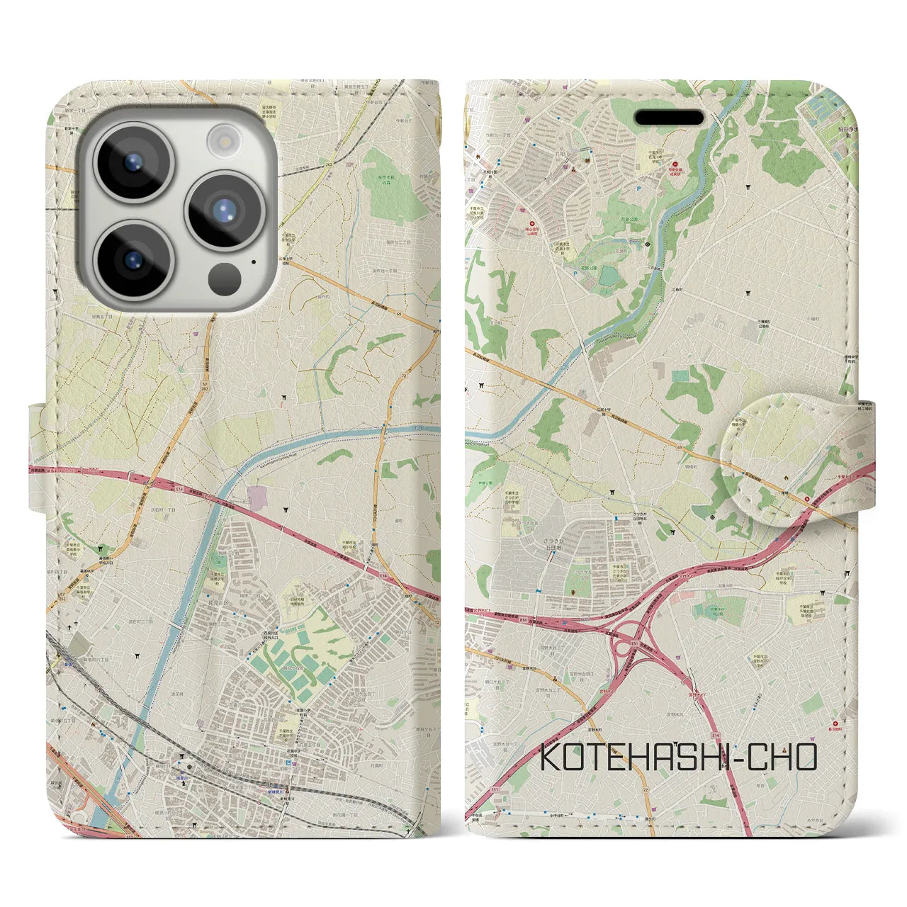 【犢橋町(千葉県)】地図柄iPhoneケース(手帳タイプ)ナチュラル・iPhone 15 Pro 用