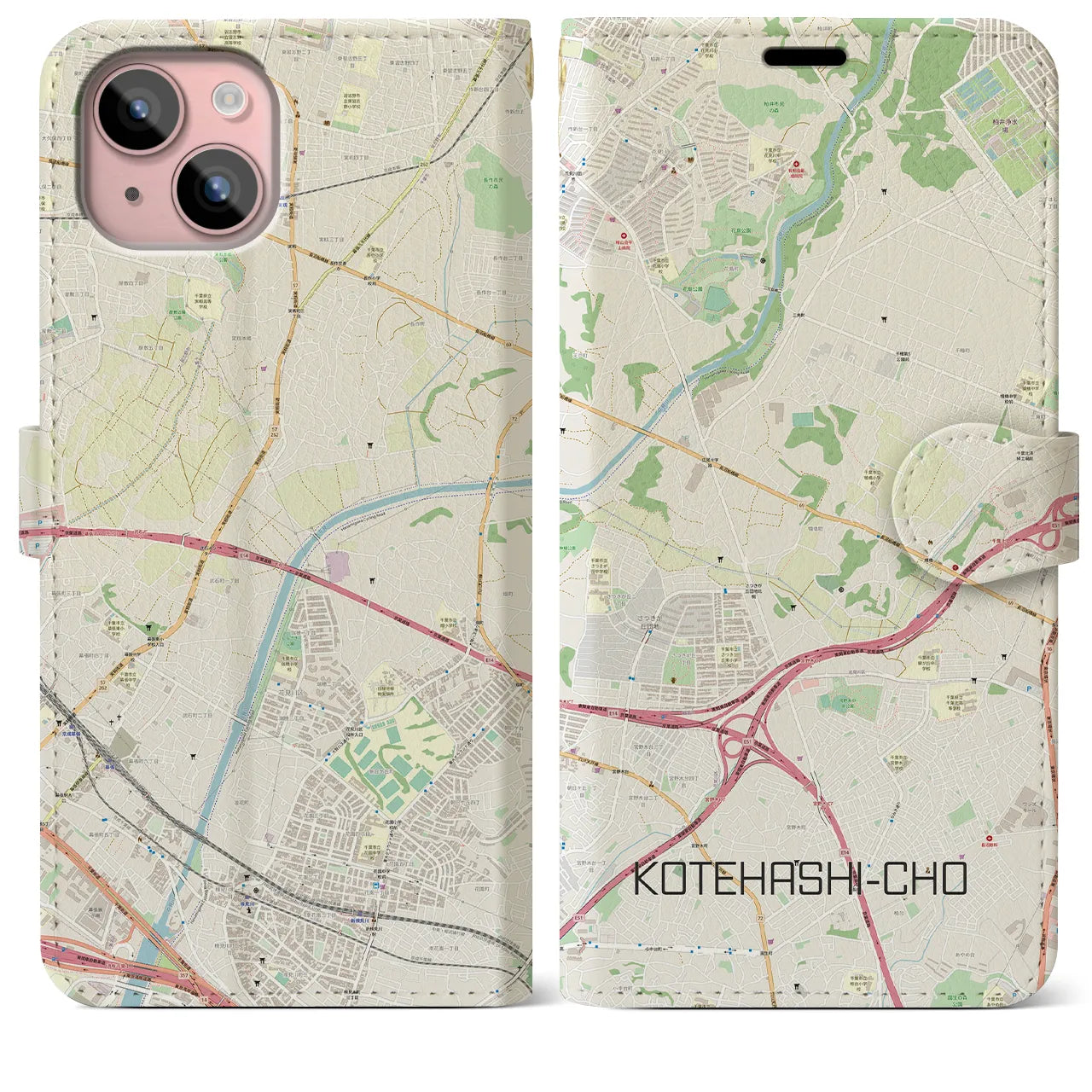 【犢橋町(千葉県)】地図柄iPhoneケース(手帳タイプ)ナチュラル・iPhone 15 Plus 用