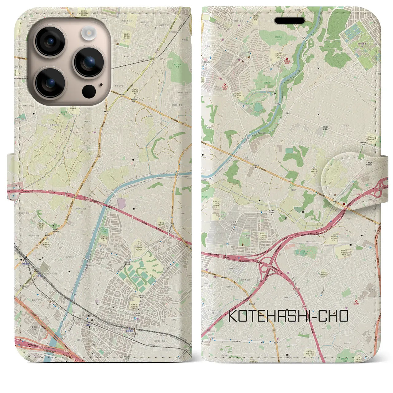 【犢橋町(千葉県)】地図柄iPhoneケース(手帳タイプ)ナチュラル・iPhone 16 Plus 用