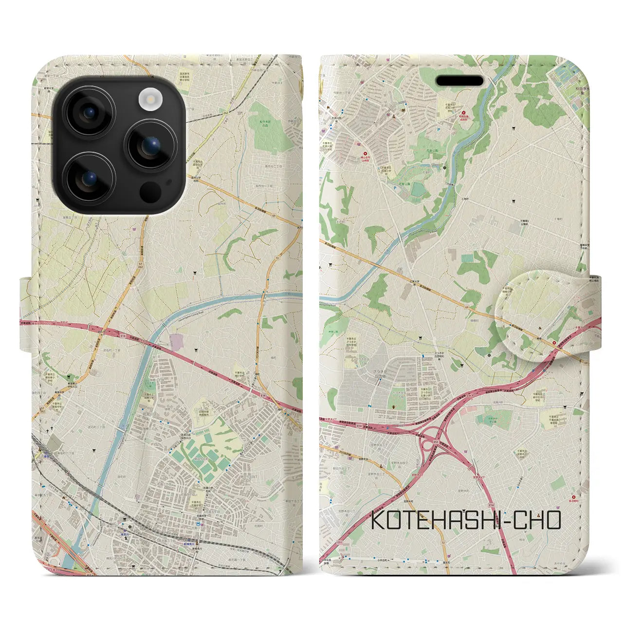 【犢橋町(千葉県)】地図柄iPhoneケース(手帳タイプ)ナチュラル・iPhone 16 用