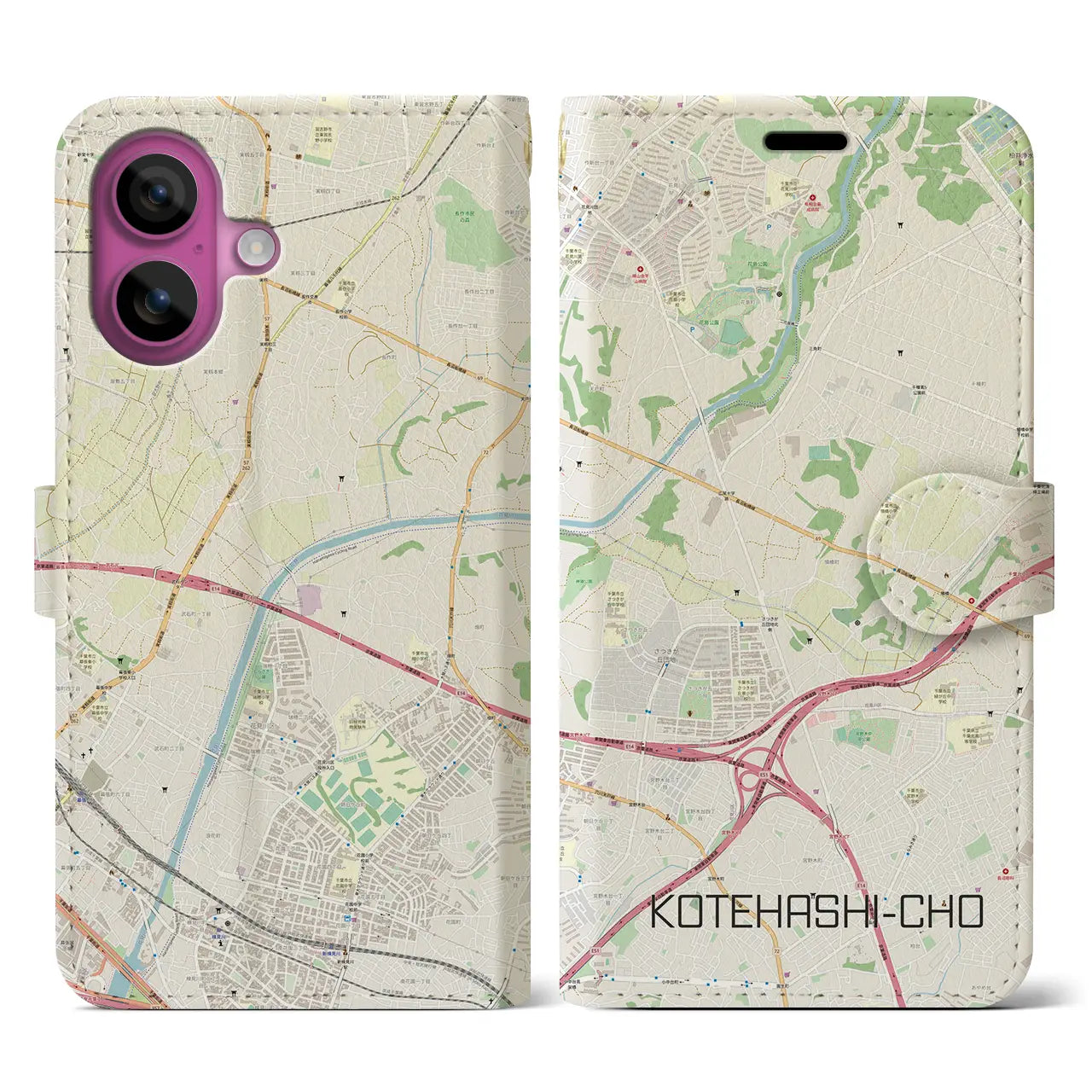 【犢橋町(千葉県)】地図柄iPhoneケース(手帳タイプ)ナチュラル・iPhone 16 Pro 用