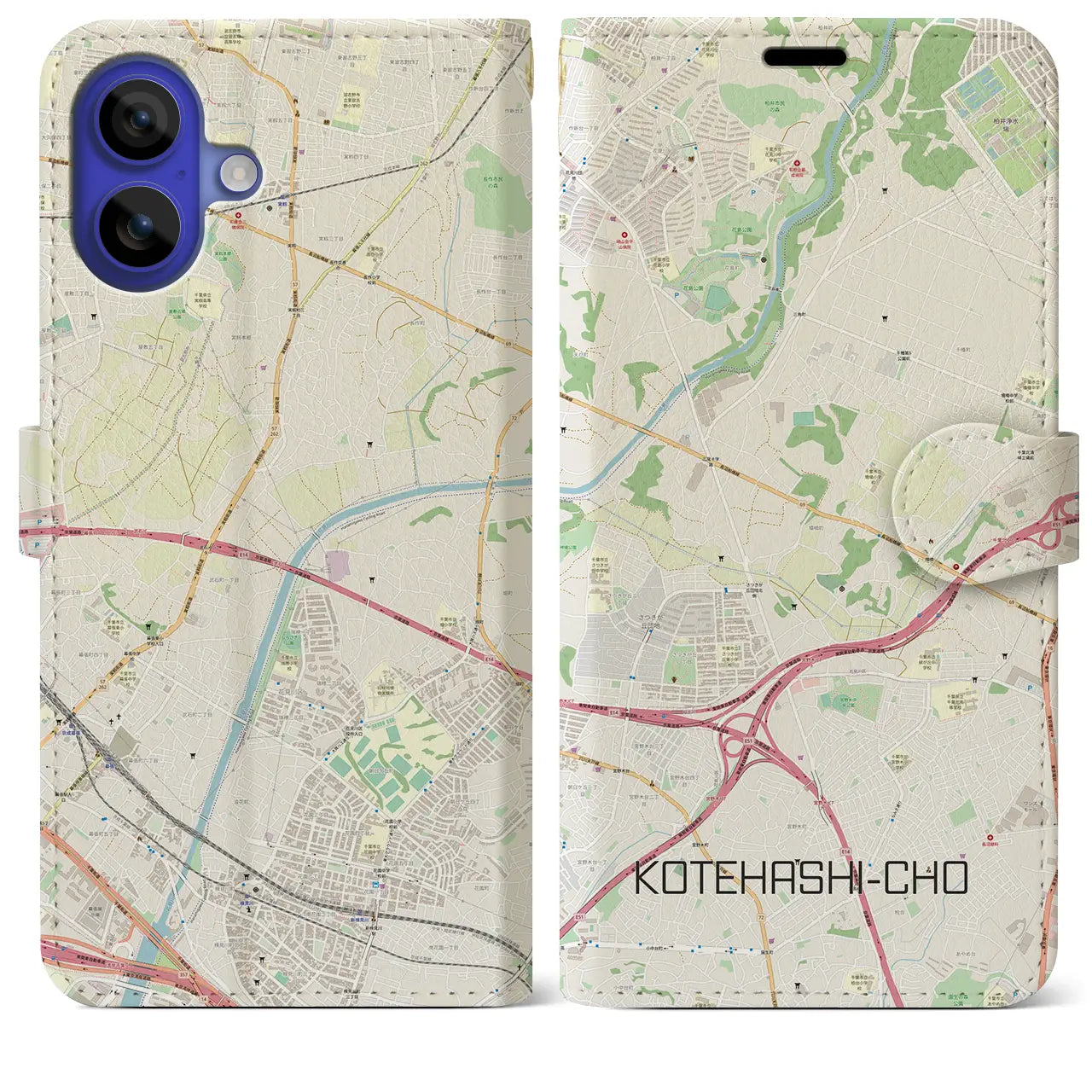【犢橋町(千葉県)】地図柄iPhoneケース(手帳タイプ)