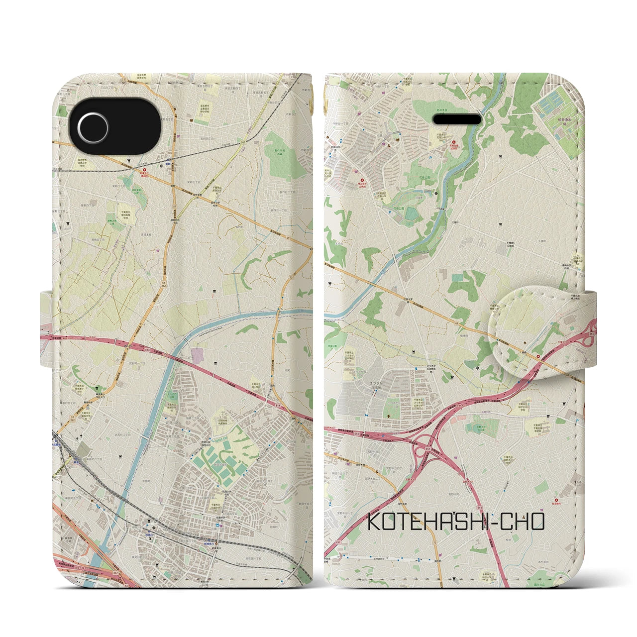 【犢橋町(千葉県)】地図柄iPhoneケース(手帳タイプ)ナチュラル・iPhone SE(第3 / 第2世代) / 8 / 7 / 6s / 6 用
