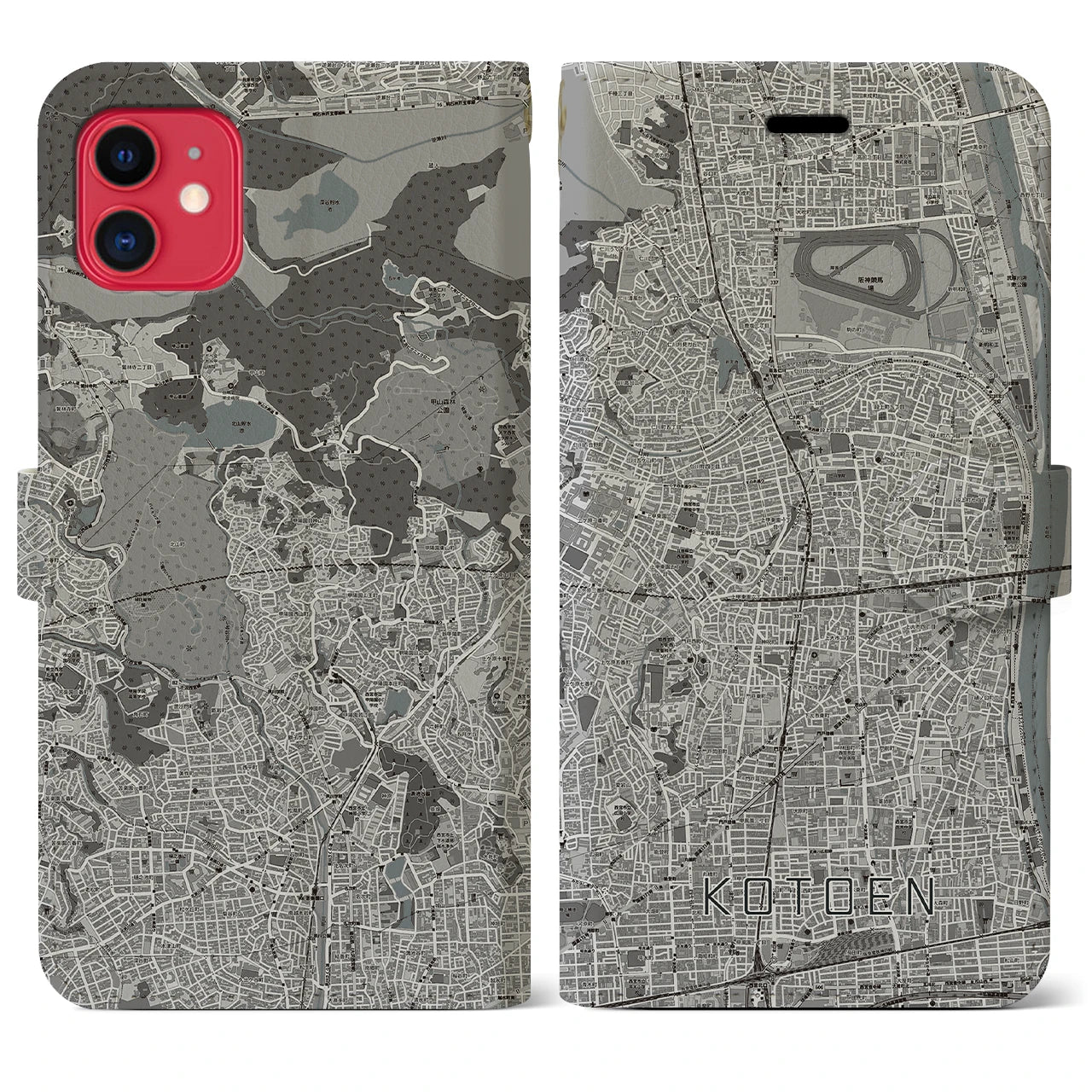 【甲東園(兵庫県)】地図柄iPhoneケース(手帳タイプ)モノトーン・iPhone 11 用
