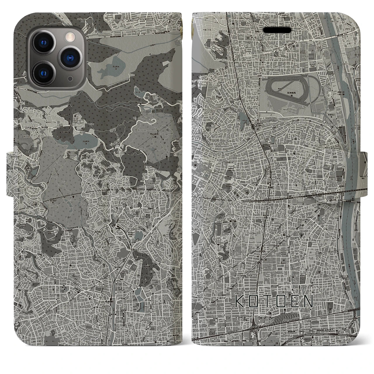 【甲東園(兵庫県)】地図柄iPhoneケース(手帳タイプ)モノトーン・iPhone 11 Pro Max 用