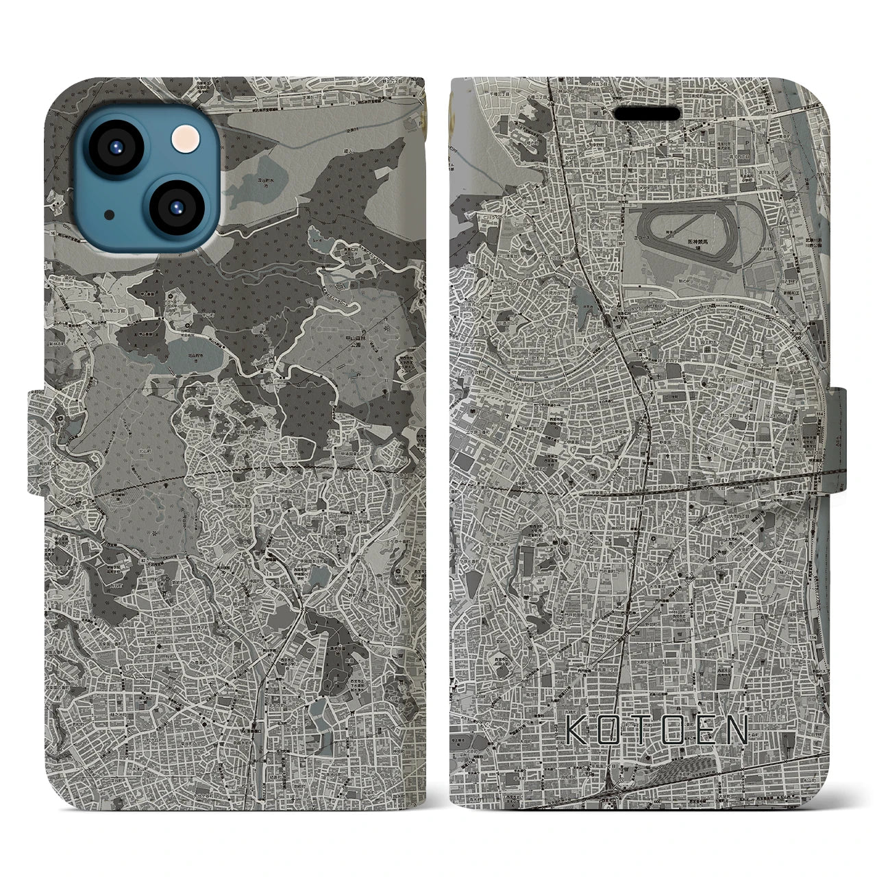 【甲東園(兵庫県)】地図柄iPhoneケース(手帳タイプ)モノトーン・iPhone 13 用
