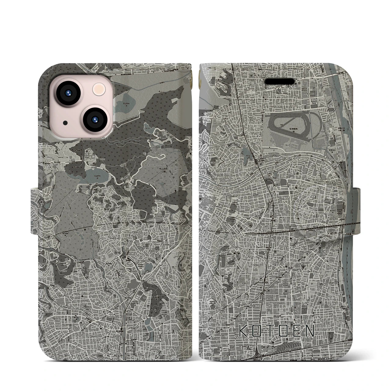 【甲東園(兵庫県)】地図柄iPhoneケース(手帳タイプ)モノトーン・iPhone 13 mini 用