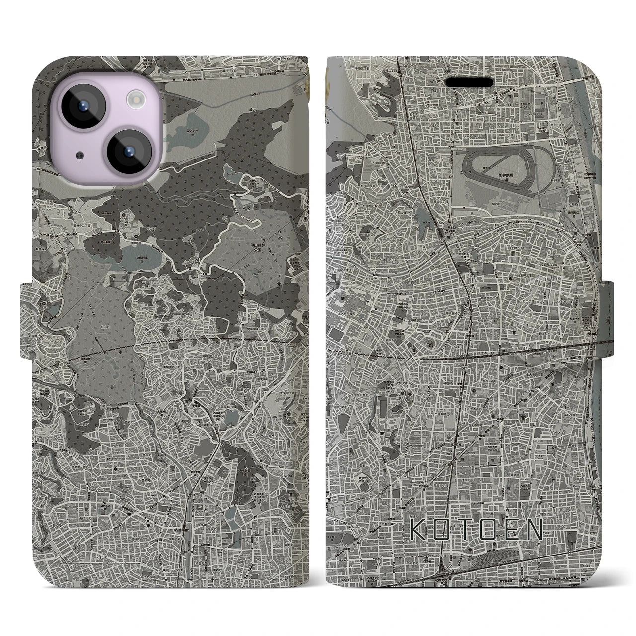 【甲東園(兵庫県)】地図柄iPhoneケース(手帳タイプ)モノトーン・iPhone 14 用