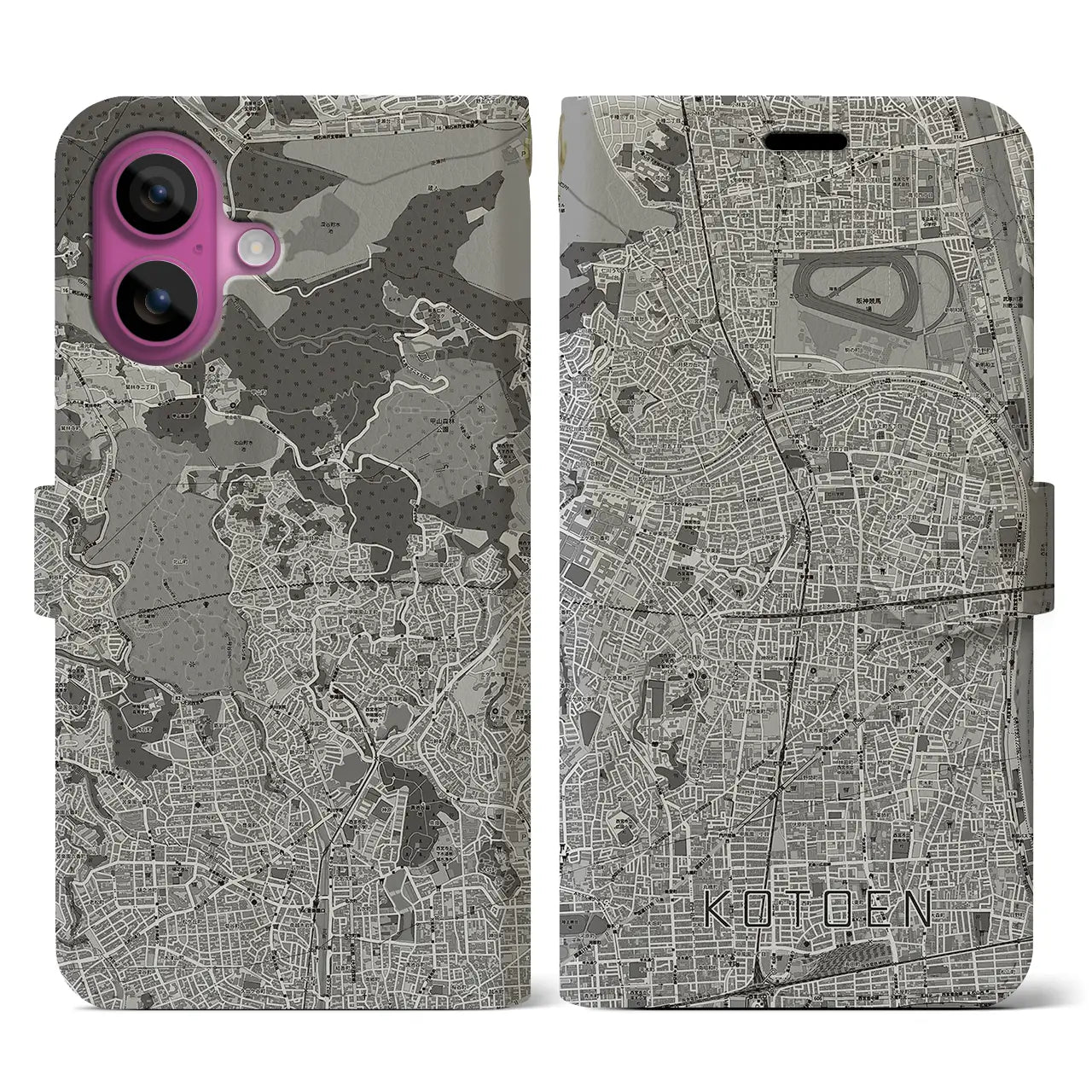 【甲東園(兵庫県)】地図柄iPhoneケース(手帳タイプ)モノトーン・iPhone 16 Pro 用