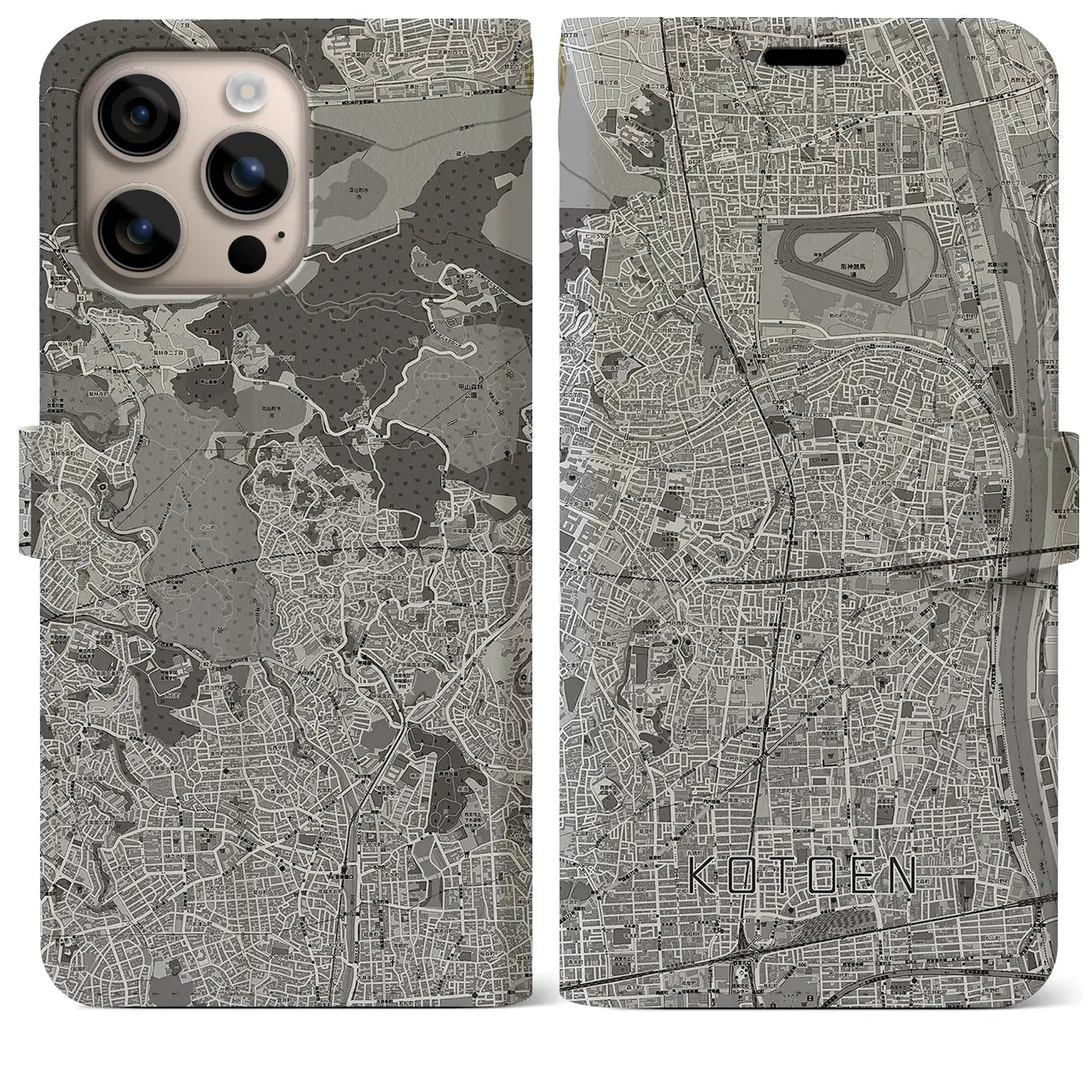 【甲東園(兵庫県)】地図柄iPhoneケース(手帳タイプ)モノトーン・iPhone 16 Plus 用