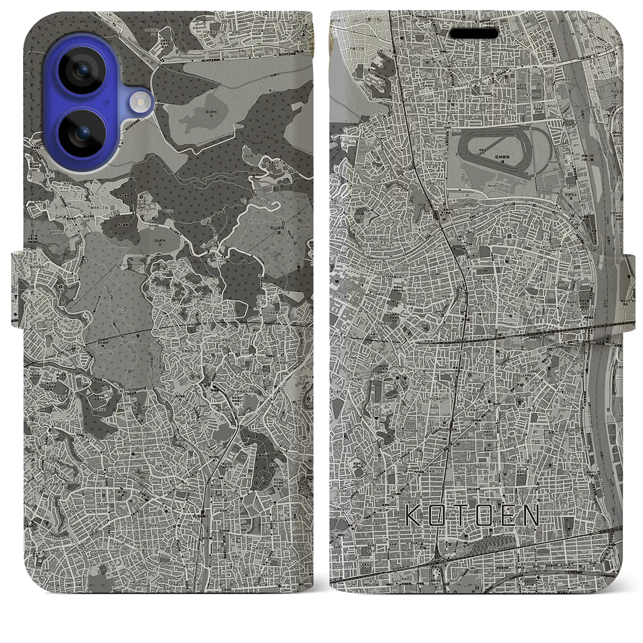 【甲東園(兵庫県)】地図柄iPhoneケース(手帳タイプ)モノトーン・iPhone 16 Pro Max 用
