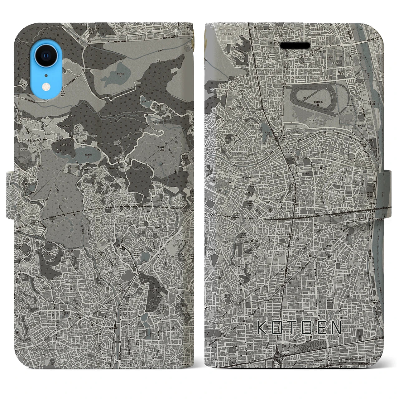 【甲東園(兵庫県)】地図柄iPhoneケース(手帳タイプ)モノトーン・iPhone XR 用
