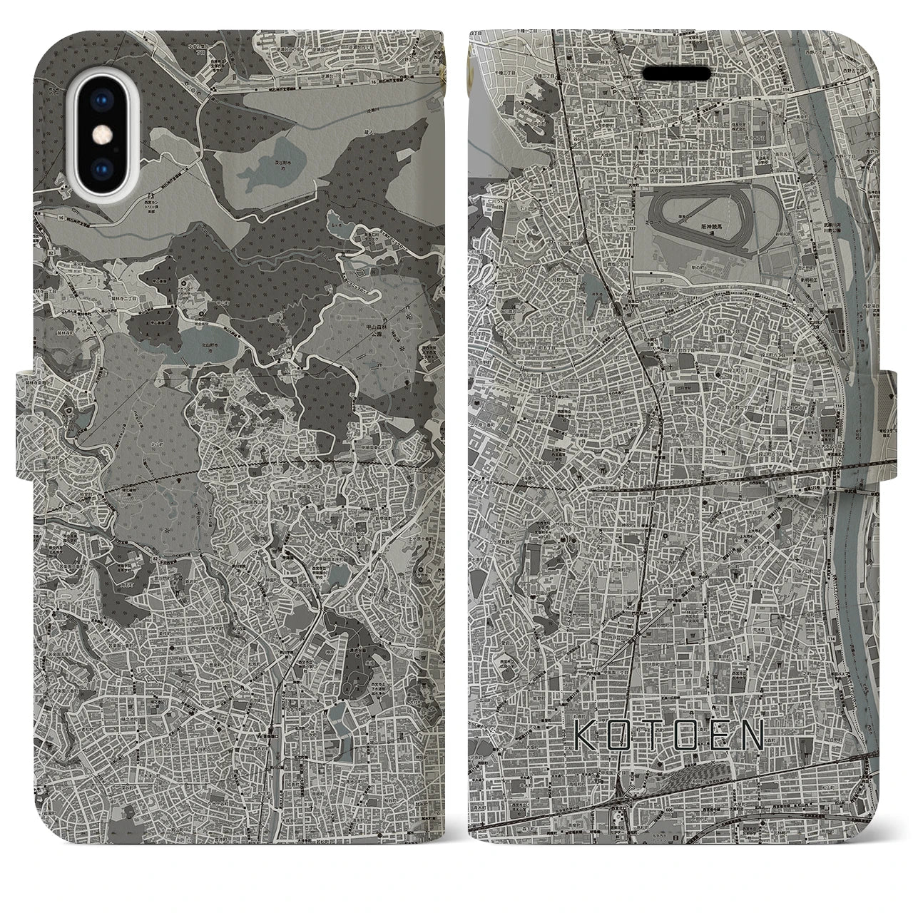 【甲東園(兵庫県)】地図柄iPhoneケース(手帳タイプ)モノトーン・iPhone XS Max 用