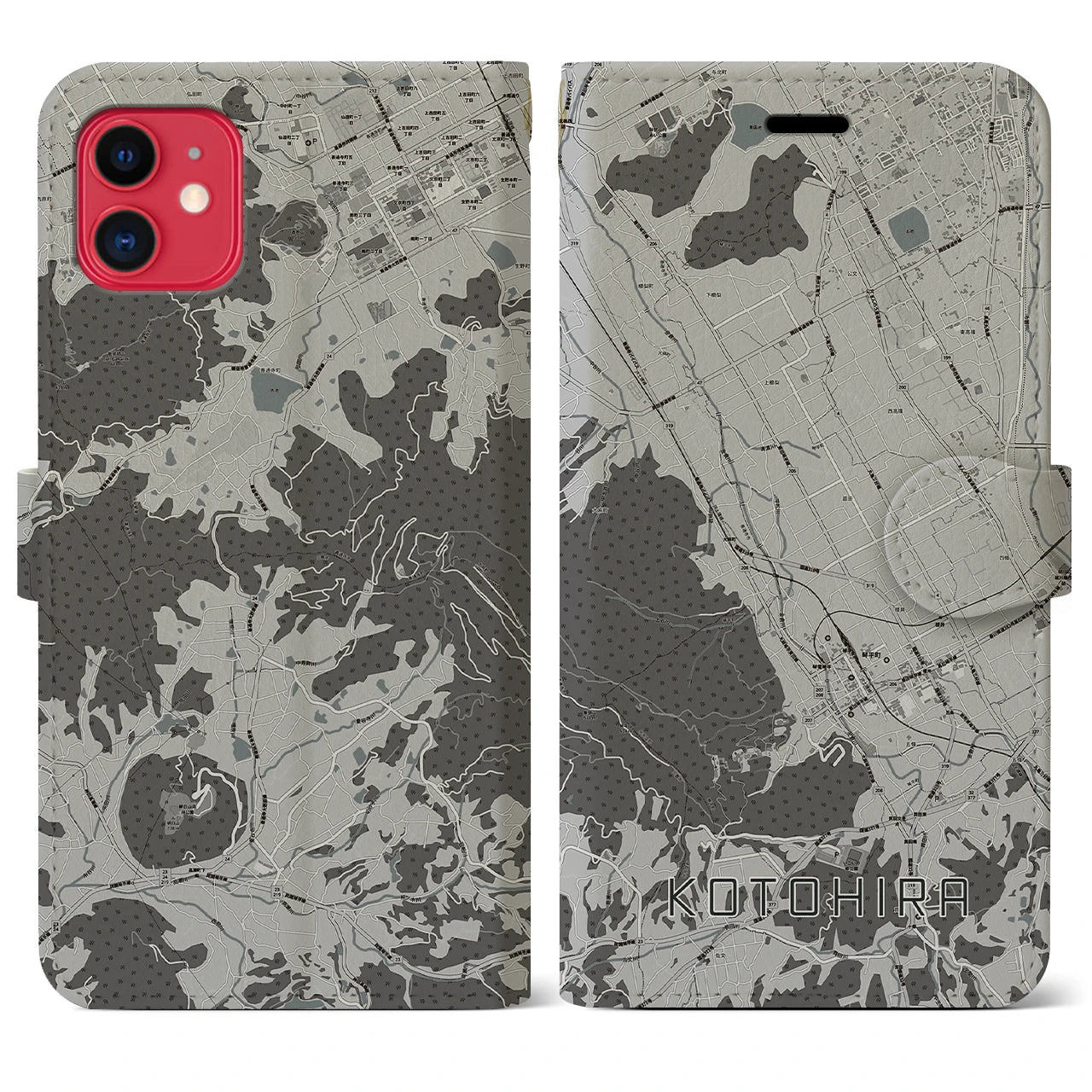 【琴平(香川県)】地図柄iPhoneケース(手帳タイプ)モノトーン・iPhone 11 用