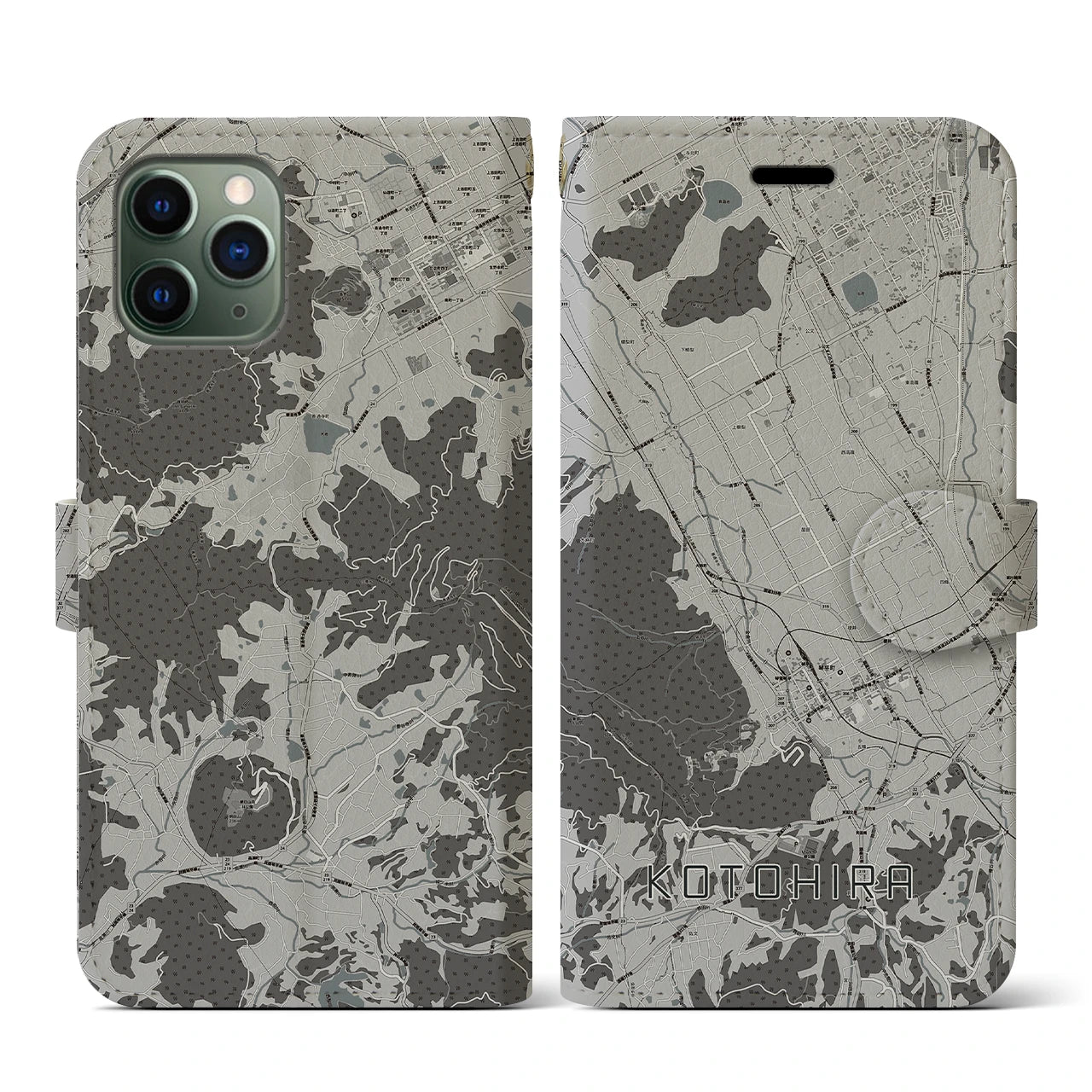 【琴平(香川県)】地図柄iPhoneケース(手帳タイプ)モノトーン・iPhone 11 Pro 用