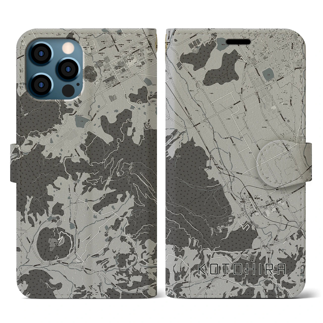 【琴平(香川県)】地図柄iPhoneケース(手帳タイプ)モノトーン・iPhone 12 / 12 Pro 用
