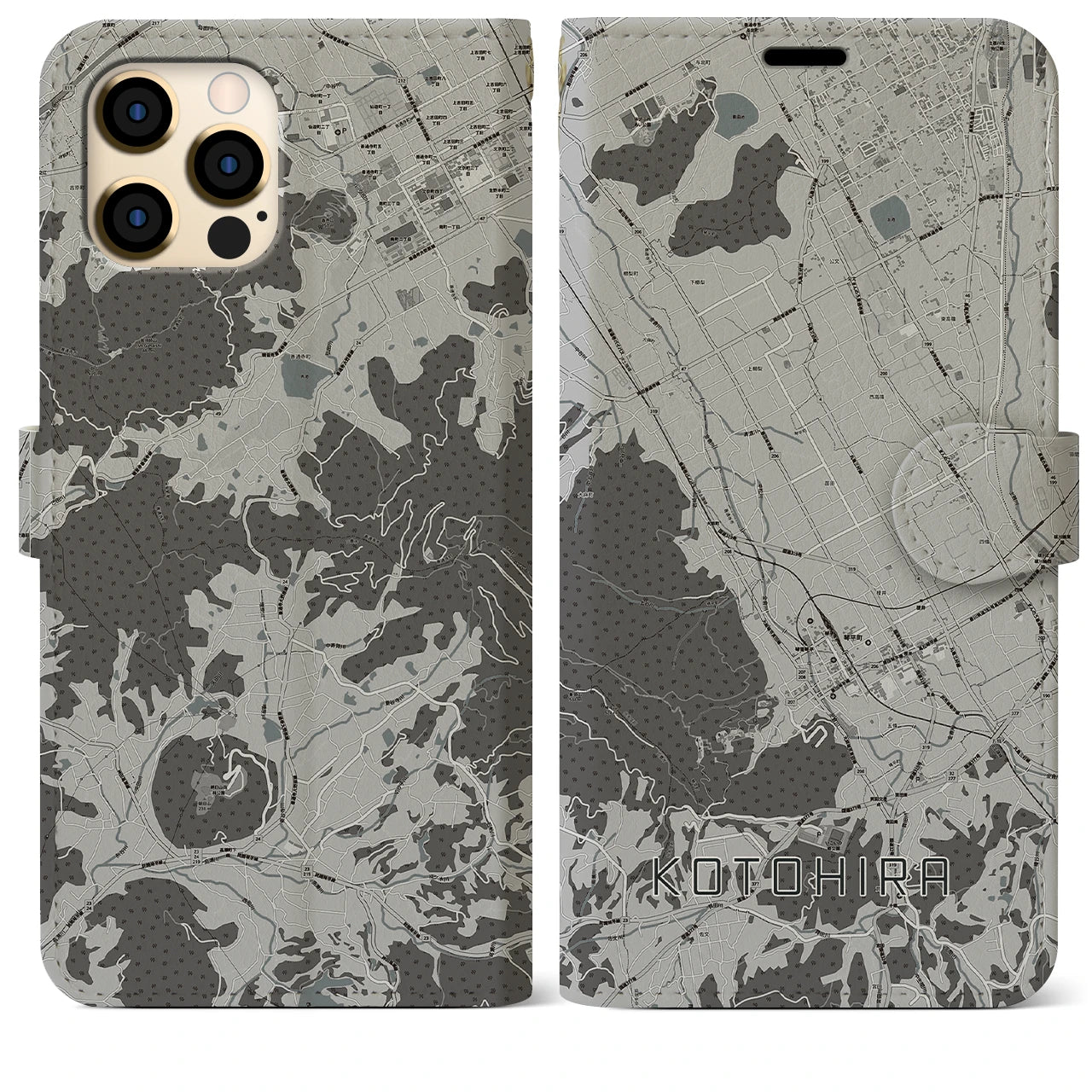 【琴平(香川県)】地図柄iPhoneケース(手帳タイプ)モノトーン・iPhone 12 Pro Max 用