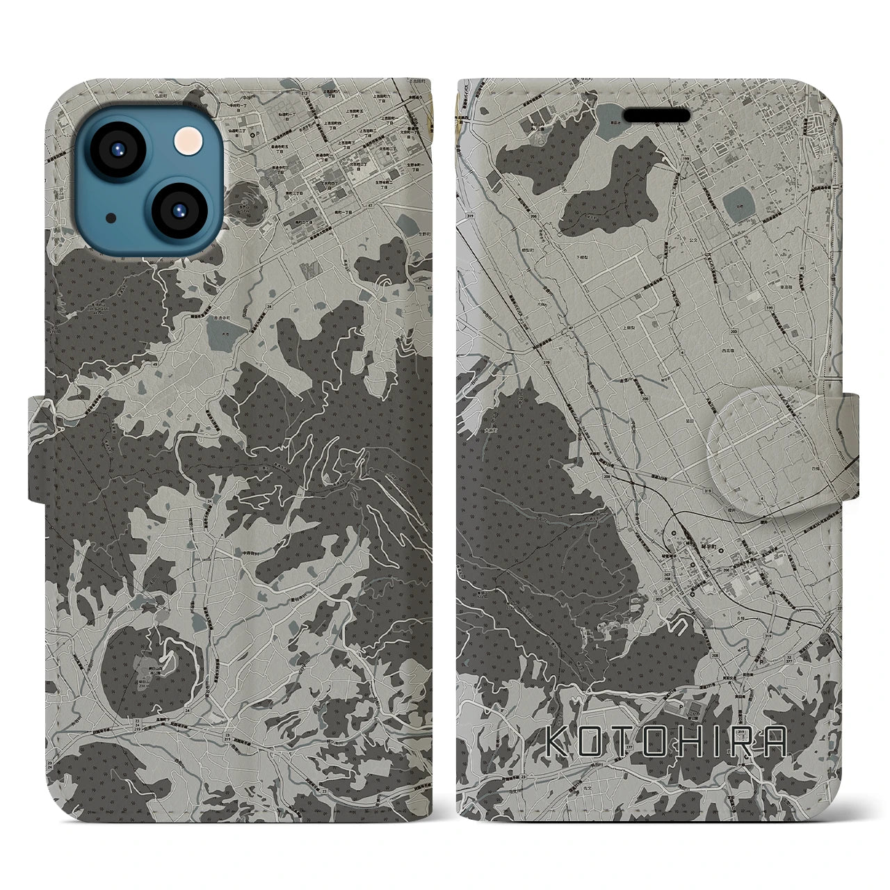 【琴平(香川県)】地図柄iPhoneケース(手帳タイプ)モノトーン・iPhone 13 用