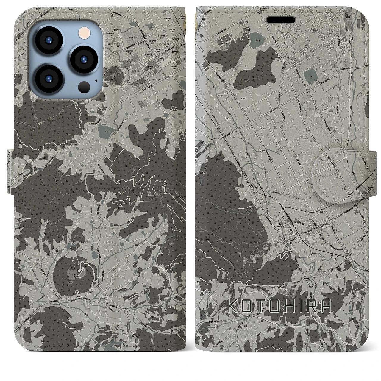 【琴平(香川県)】地図柄iPhoneケース(手帳タイプ)モノトーン・iPhone 13 Pro Max 用