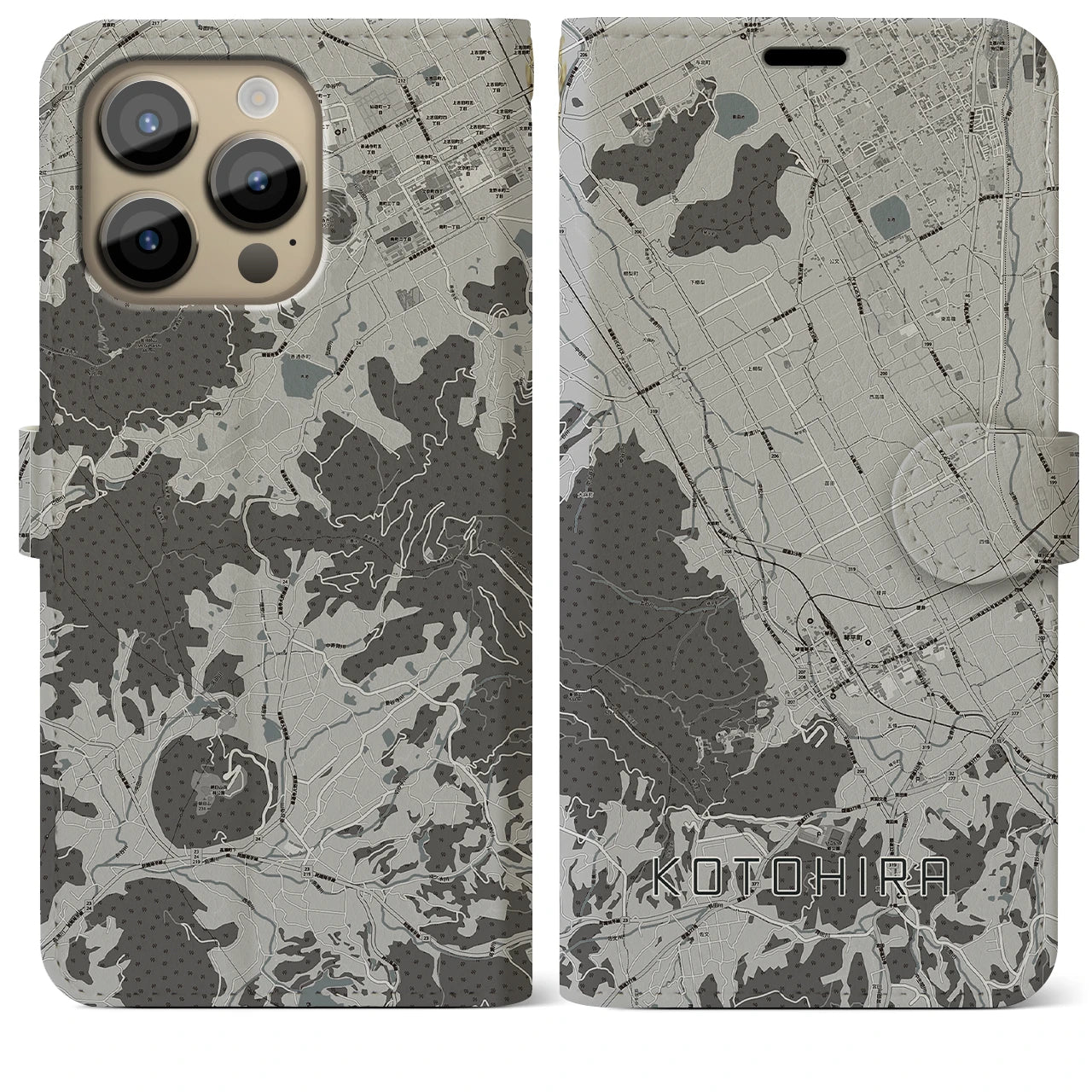 【琴平(香川県)】地図柄iPhoneケース(手帳タイプ)モノトーン・iPhone 14 Pro Max 用