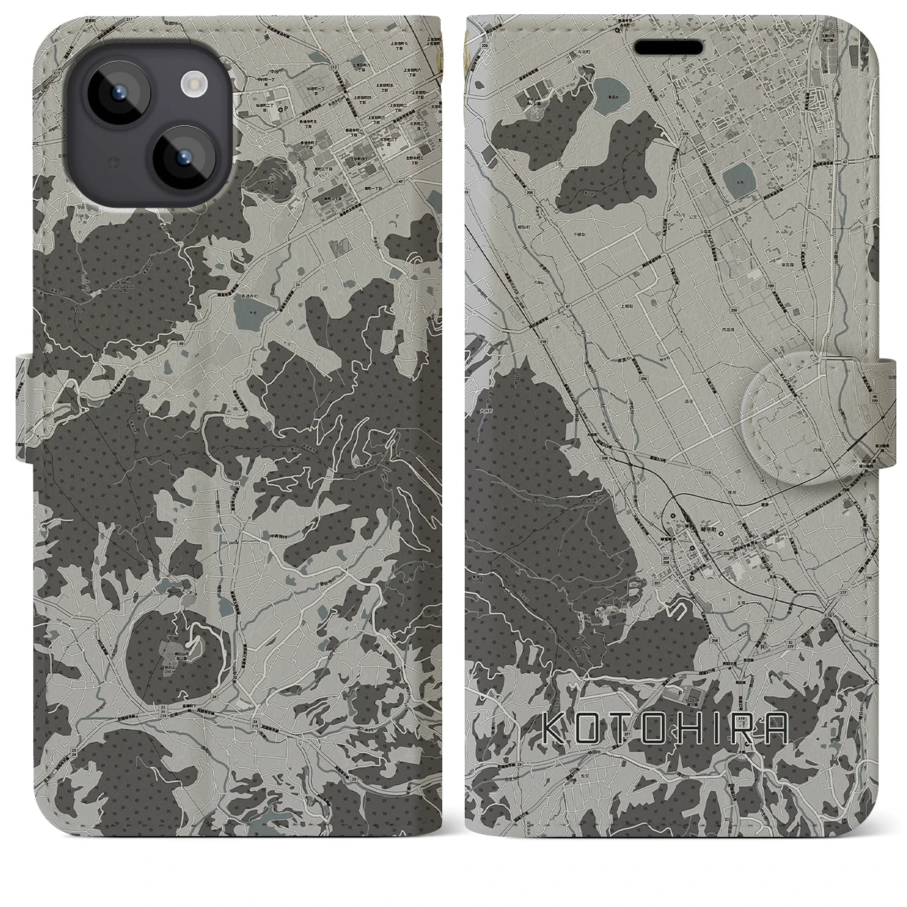 【琴平(香川県)】地図柄iPhoneケース(手帳タイプ)モノトーン・iPhone 14 Plus 用