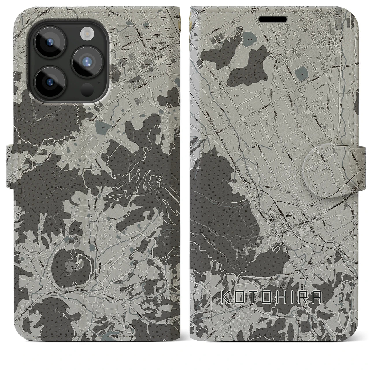 【琴平(香川県)】地図柄iPhoneケース(手帳タイプ)モノトーン・iPhone 15 Pro Max 用