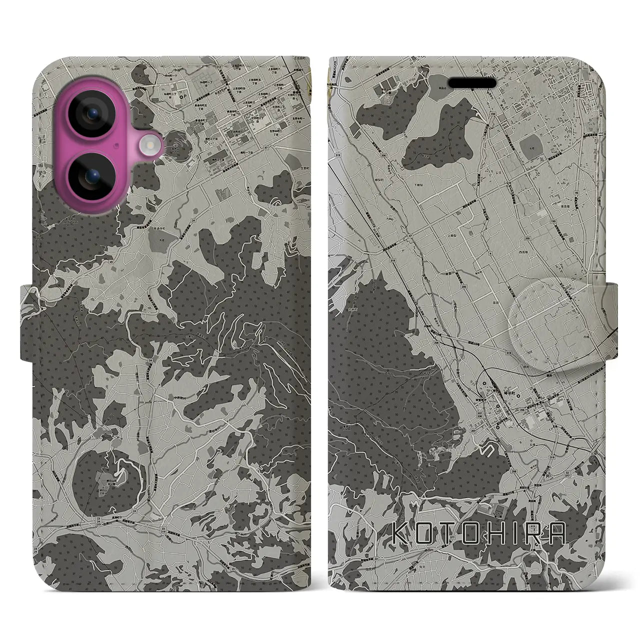 【琴平(香川県)】地図柄iPhoneケース(手帳タイプ)モノトーン・iPhone 16 Pro 用