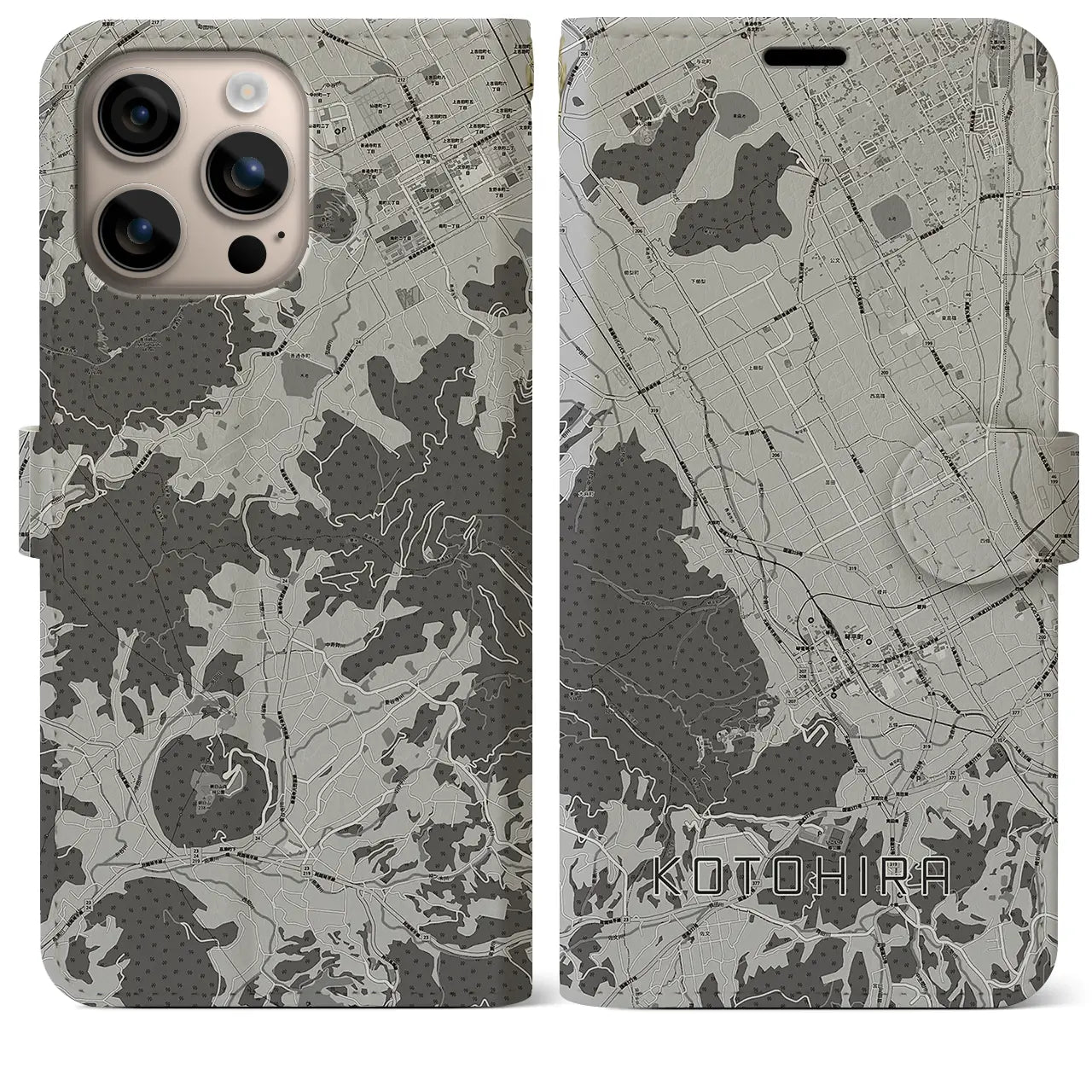 【琴平(香川県)】地図柄iPhoneケース(手帳タイプ)モノトーン・iPhone 16 Plus 用