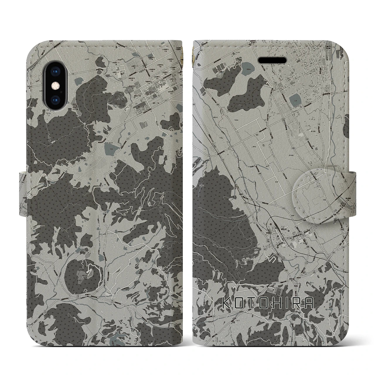 【琴平(香川県)】地図柄iPhoneケース(手帳タイプ)モノトーン・iPhone XS / X 用