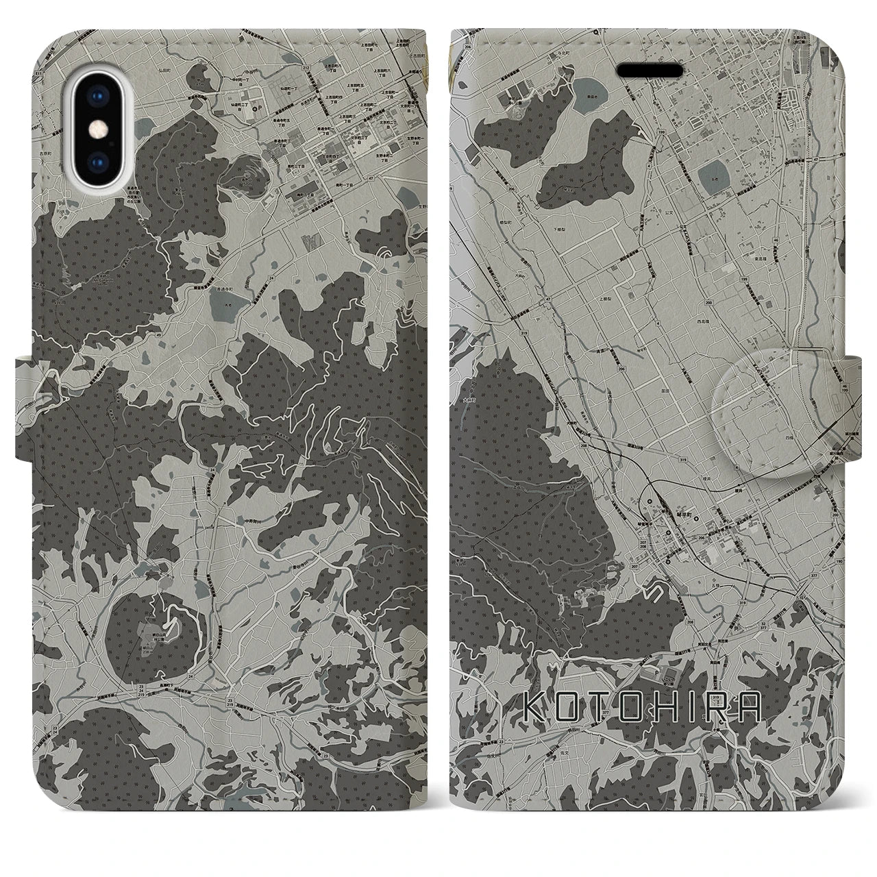 【琴平(香川県)】地図柄iPhoneケース(手帳タイプ)モノトーン・iPhone XS Max 用
