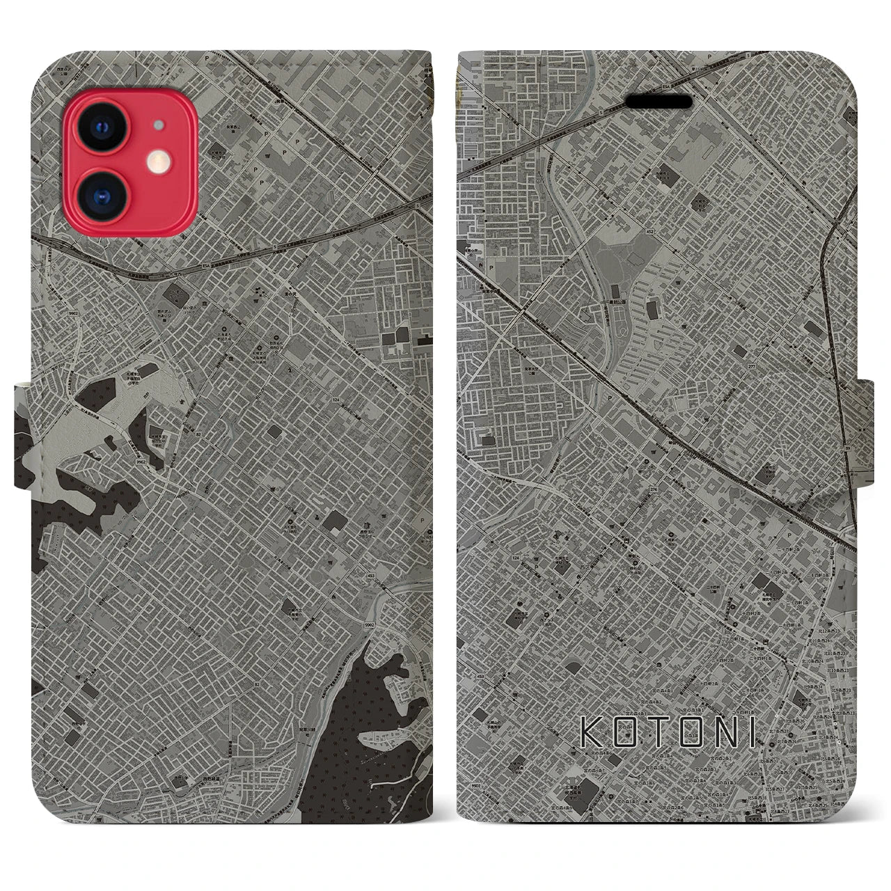 【琴似(北海道)】地図柄iPhoneケース(手帳タイプ)モノトーン・iPhone 11 用