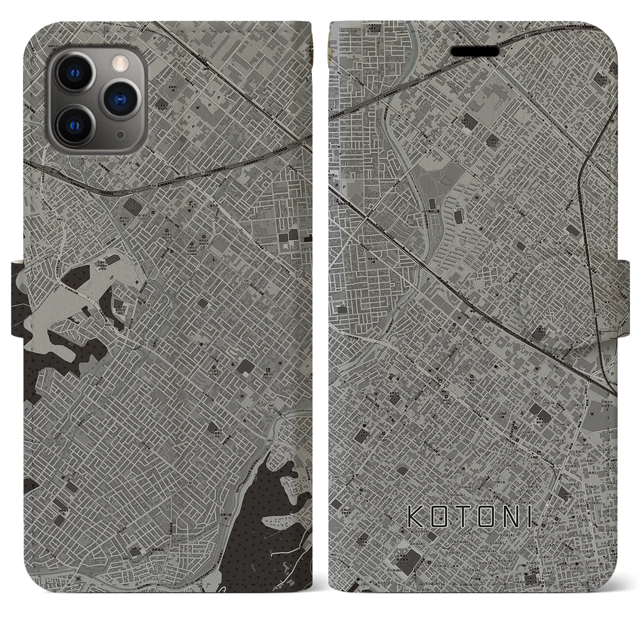 【琴似(北海道)】地図柄iPhoneケース(手帳タイプ)モノトーン・iPhone 11 Pro Max 用