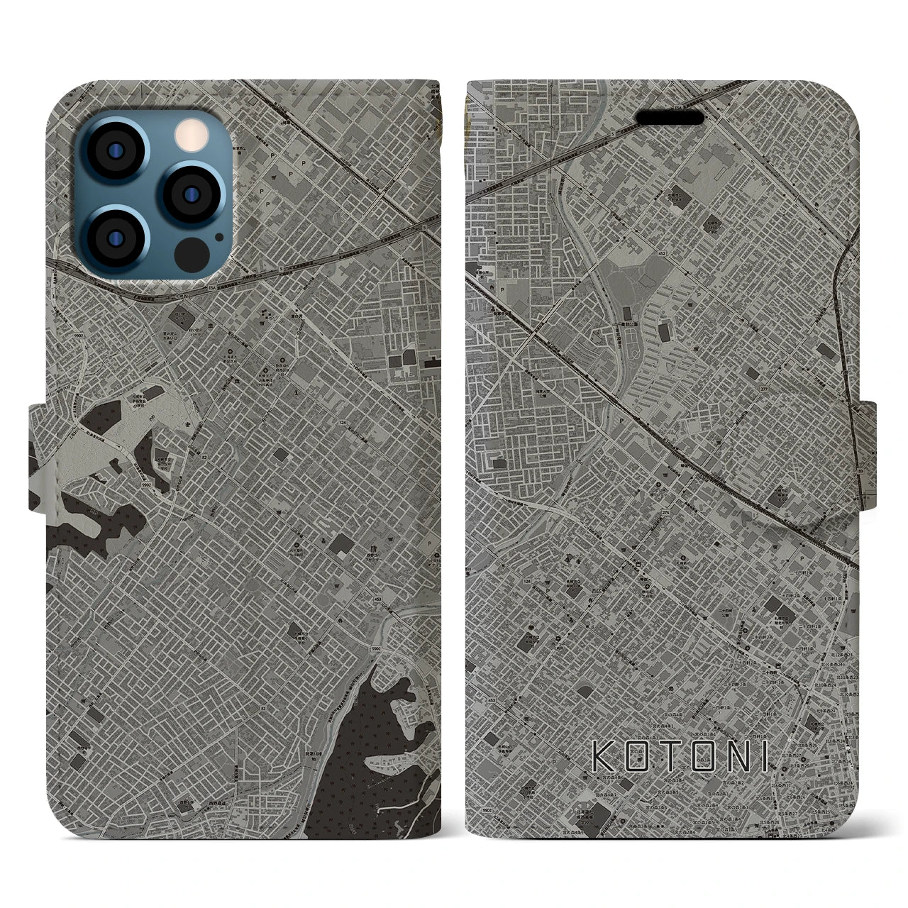 【琴似(北海道)】地図柄iPhoneケース(手帳タイプ)モノトーン・iPhone 12 / 12 Pro 用