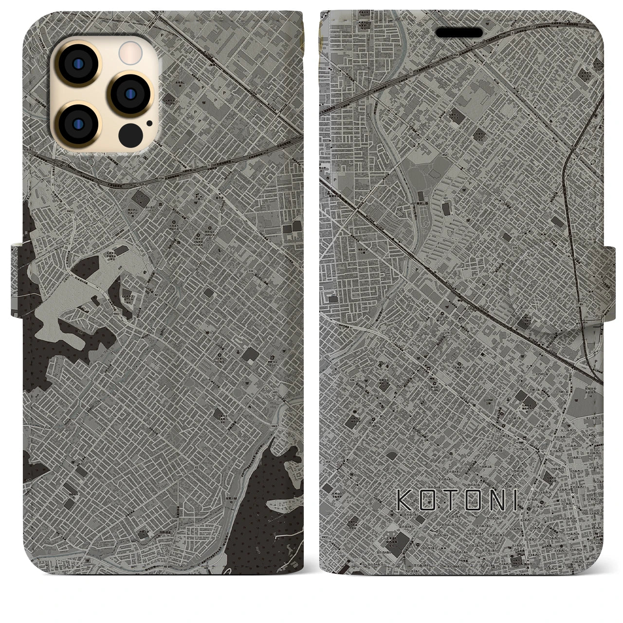 【琴似(北海道)】地図柄iPhoneケース(手帳タイプ)モノトーン・iPhone 12 Pro Max 用