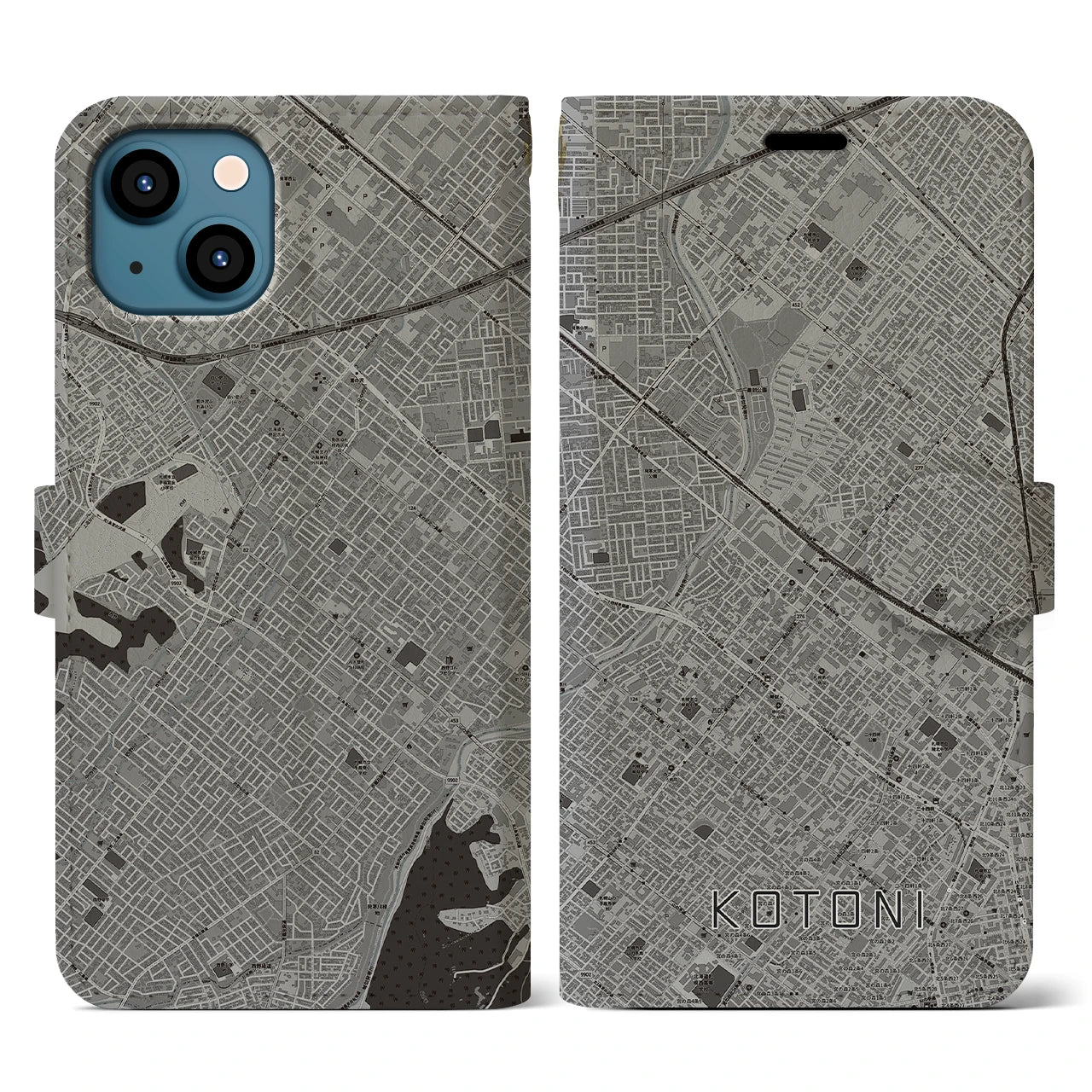 【琴似(北海道)】地図柄iPhoneケース(手帳タイプ)モノトーン・iPhone 13 用