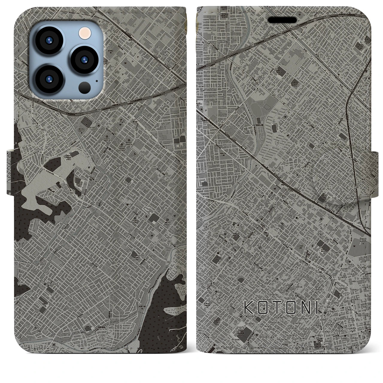 【琴似(北海道)】地図柄iPhoneケース(手帳タイプ)モノトーン・iPhone 13 Pro Max 用