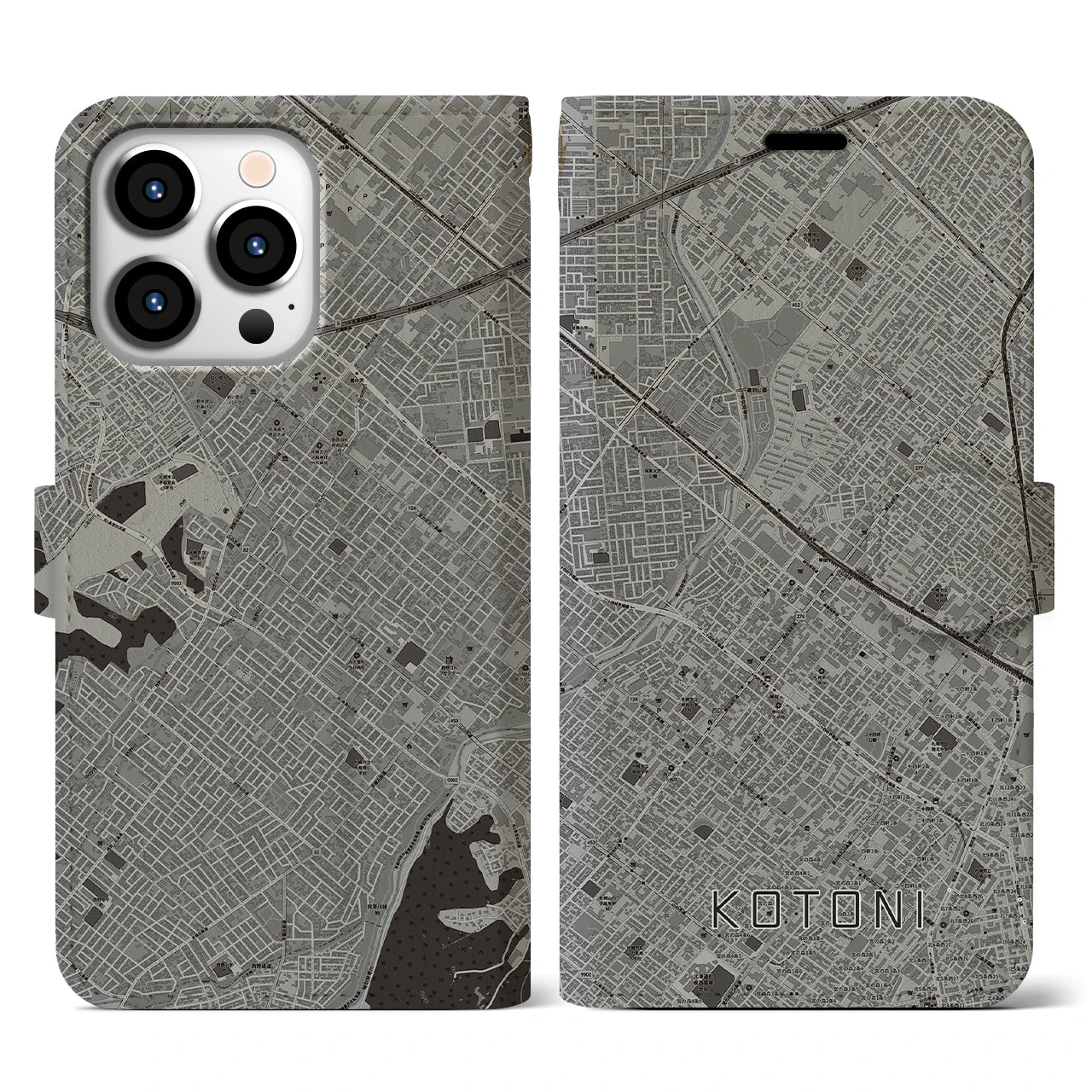 【琴似(北海道)】地図柄iPhoneケース(手帳タイプ)モノトーン・iPhone 13 Pro 用