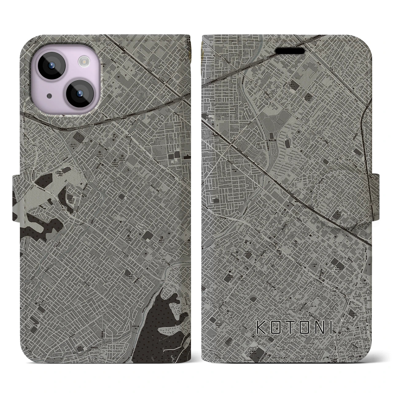 【琴似(北海道)】地図柄iPhoneケース(手帳タイプ)モノトーン・iPhone 14 用