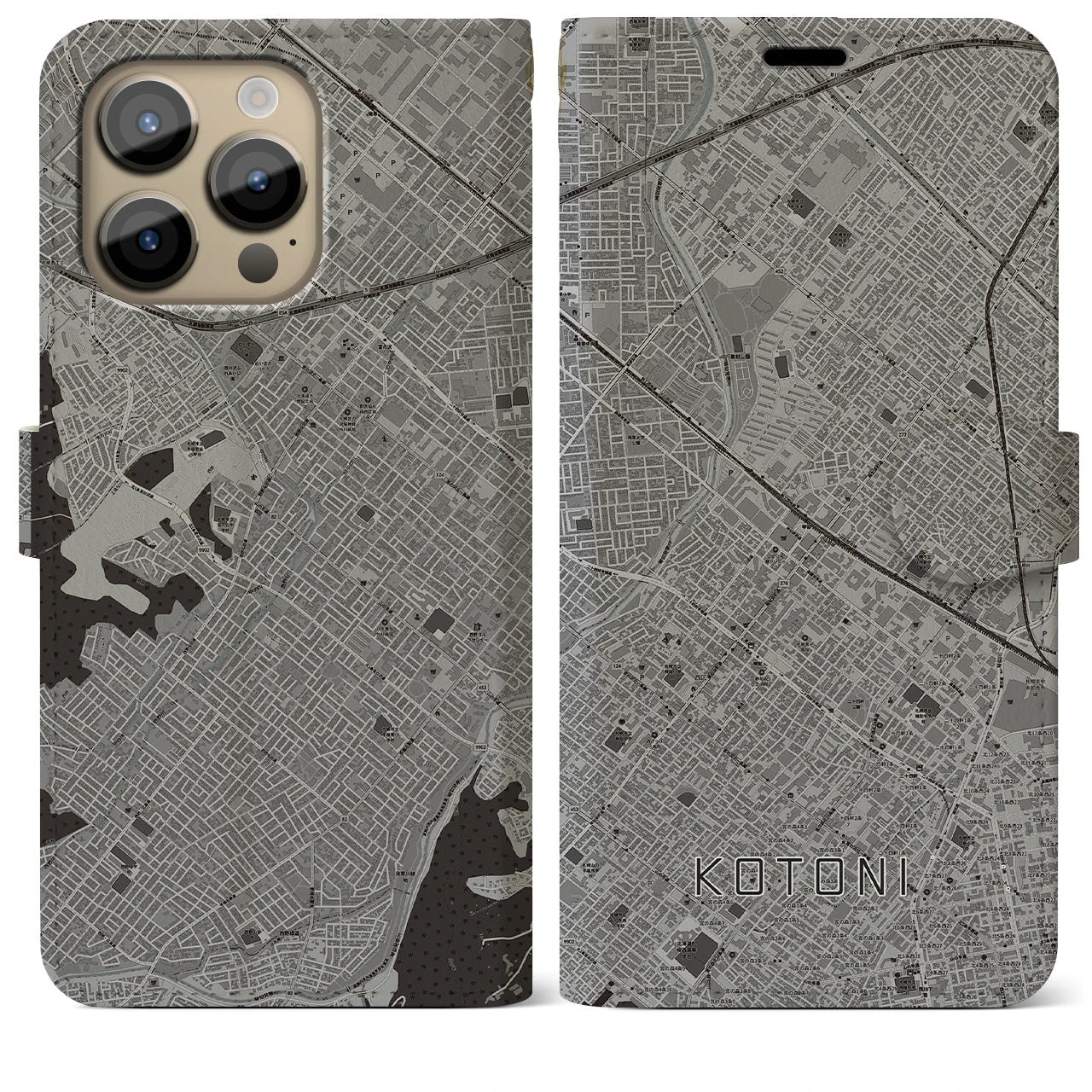【琴似(北海道)】地図柄iPhoneケース(手帳タイプ)モノトーン・iPhone 14 Pro Max 用