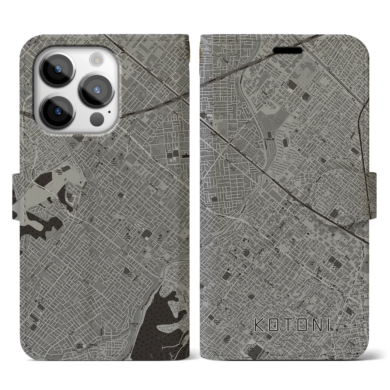 【琴似(北海道)】地図柄iPhoneケース(手帳タイプ)モノトーン・iPhone 14 Pro 用