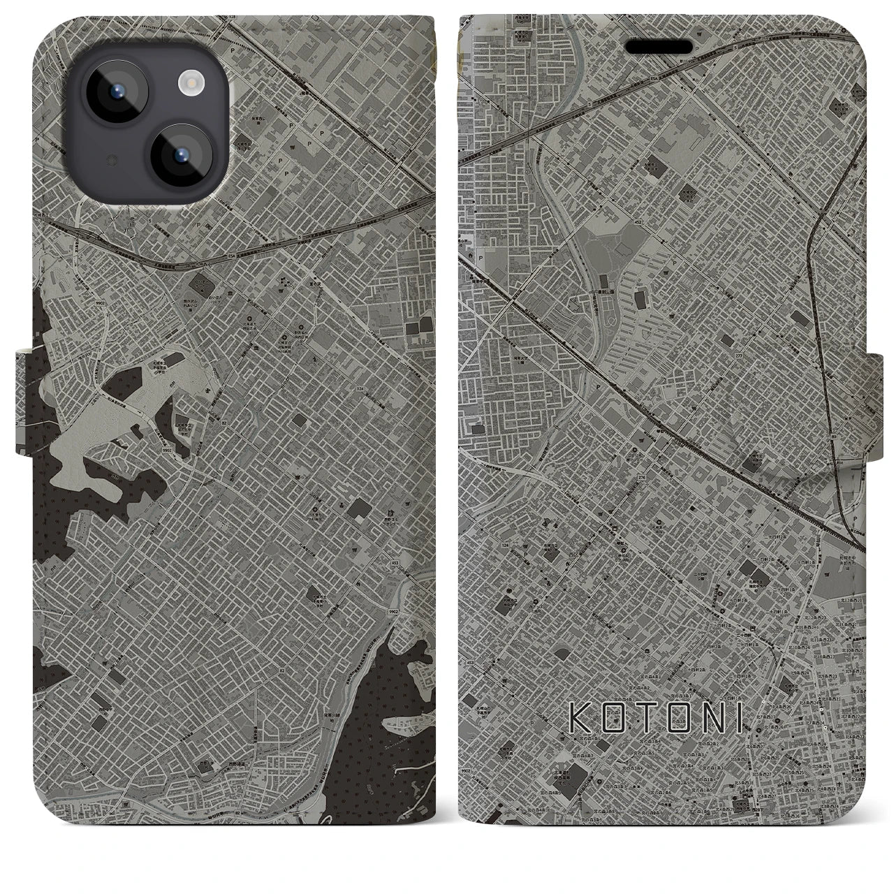 【琴似(北海道)】地図柄iPhoneケース(手帳タイプ)モノトーン・iPhone 14 Plus 用
