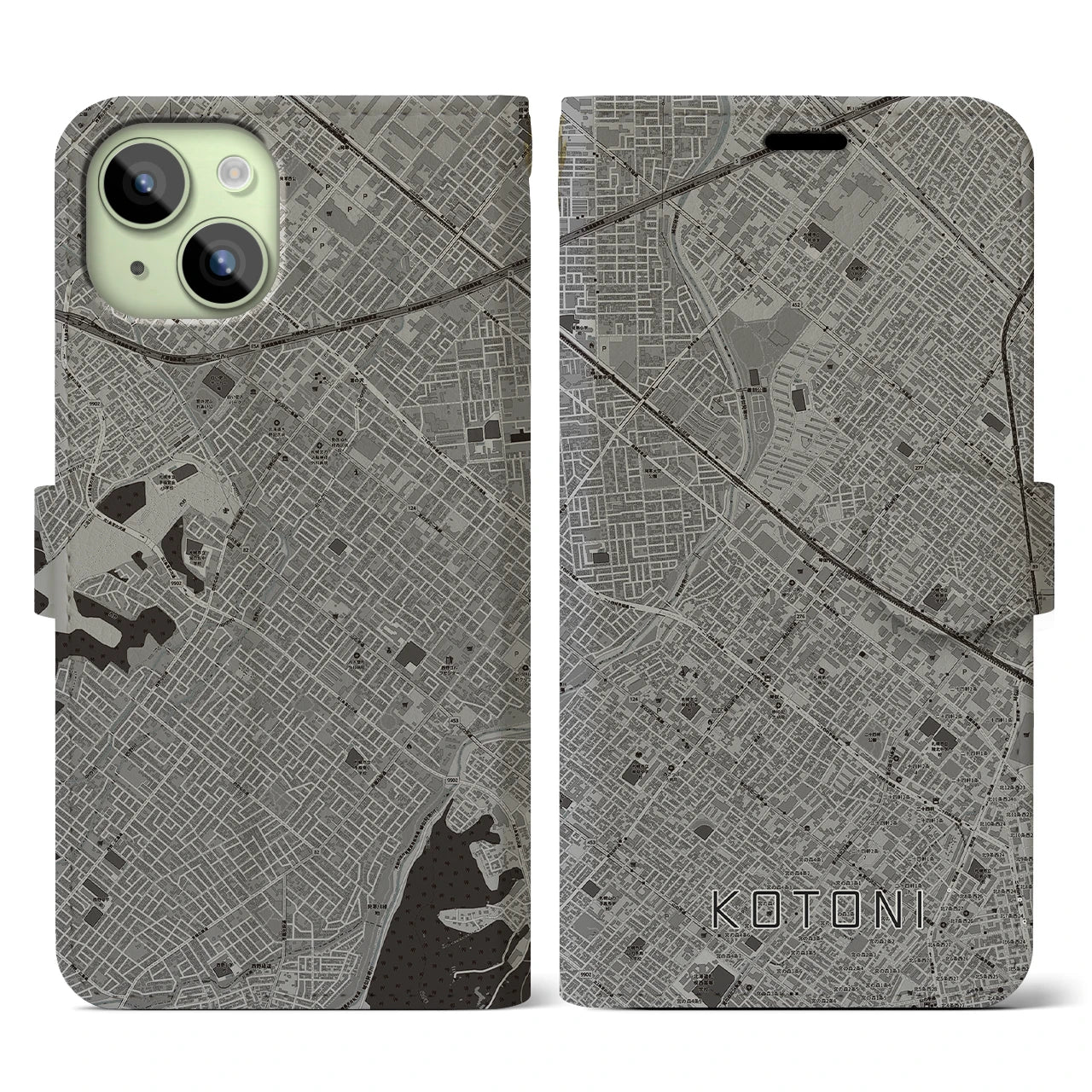 【琴似(北海道)】地図柄iPhoneケース(手帳タイプ)モノトーン・iPhone 15 用
