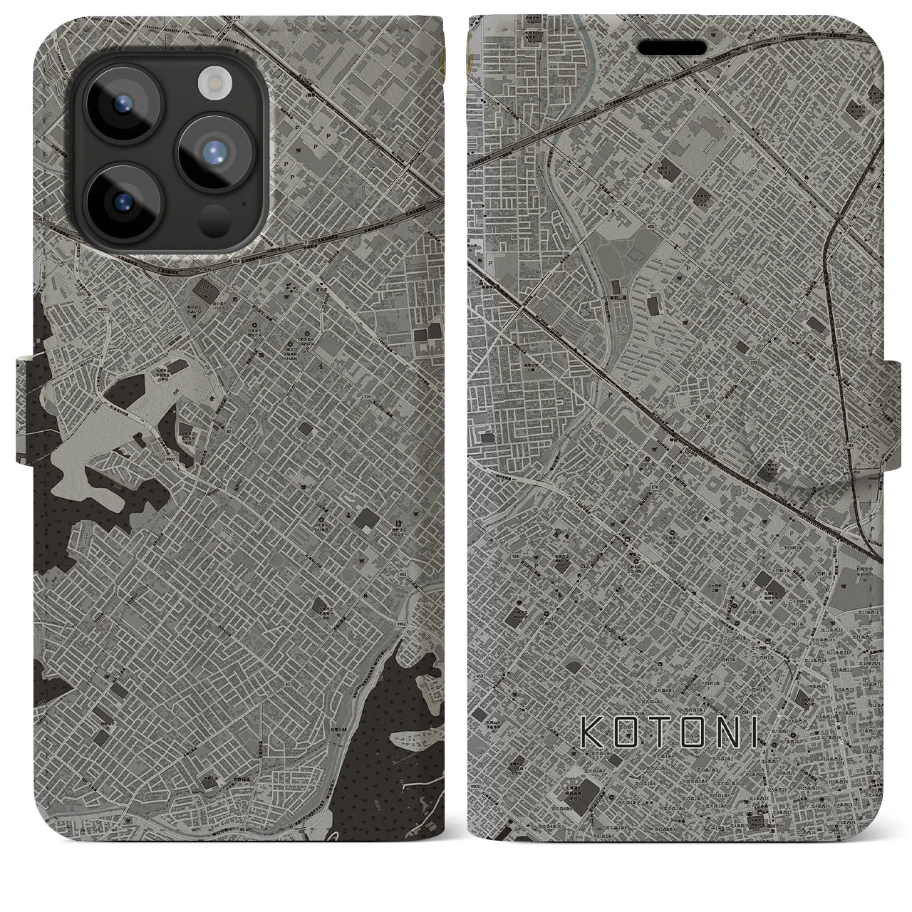 【琴似(北海道)】地図柄iPhoneケース(手帳タイプ)モノトーン・iPhone 15 Pro Max 用